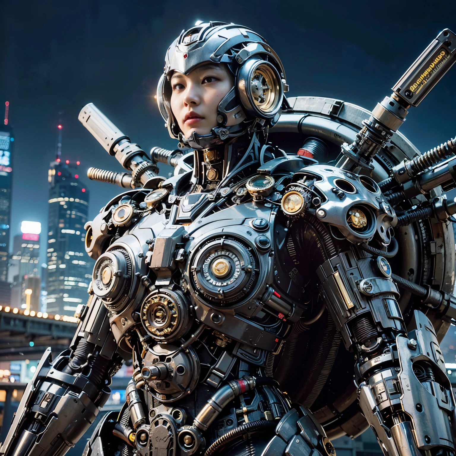 Masterpiece, (ultimate quality:1.2), 8k, Japanese woman in turtle-type powered suit, silver base with yellow and black accents, very beautiful face, mechanical, (mechanical bat wings), jet pack, hydraulic cylinder, power pipe, ultimately intricate details, full body shot, (ultimate photo Realistic:1.37), future metropolis at night, (Steampunk: 1.2), (Cyberpunk), Full body photo, Wide-angle shot,
