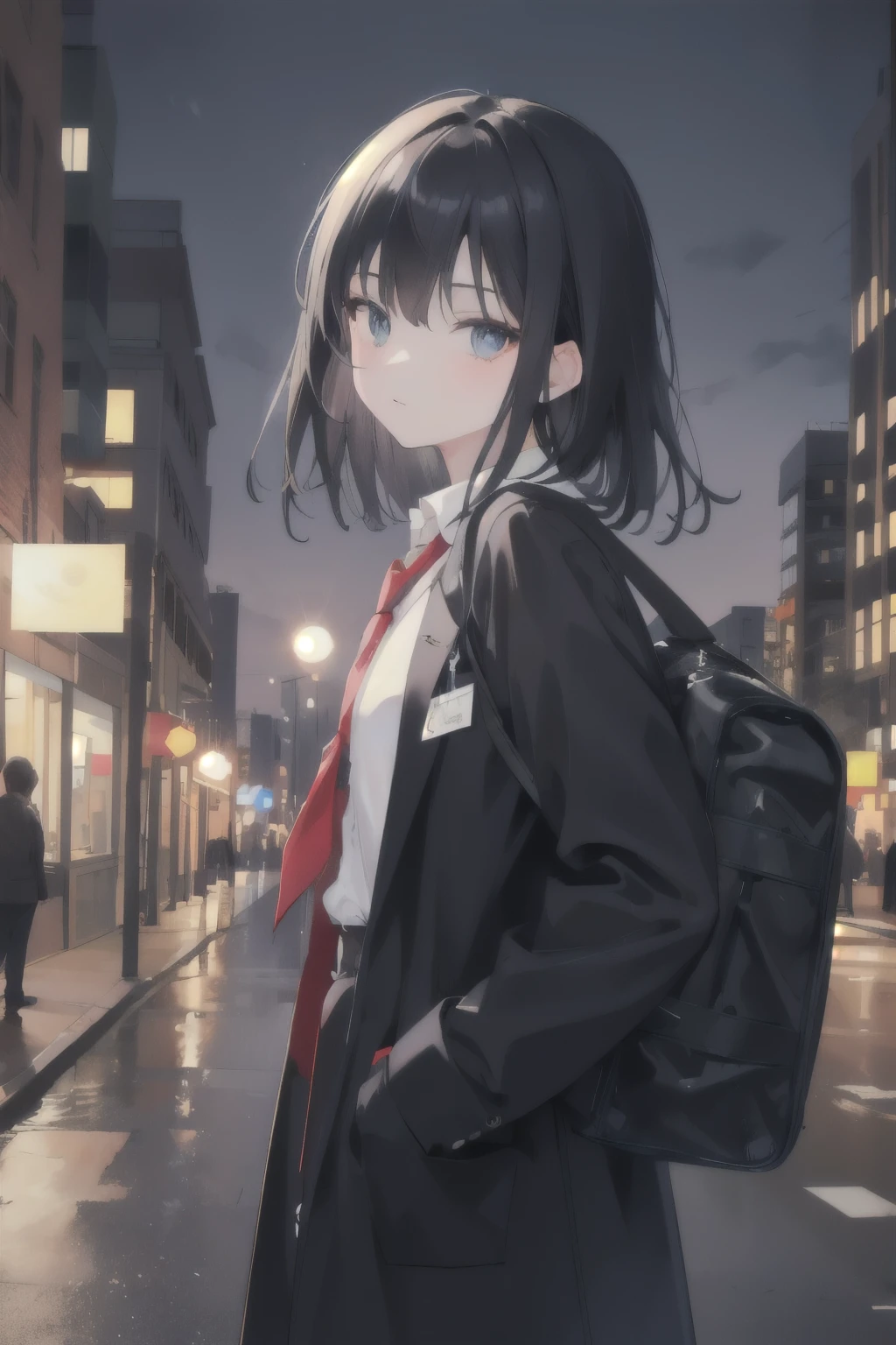 8K, masterpiece, highest quality, Illustration image, One Girl, 全てBlack Hair, semi-long, City night downtown in the background, spring, high school student, uniform, Warm colors, Black schoolback, school bag, Accurate and highly detailed backgrounds, cute, Detailed face, Fine grain, Beautiful Eyes, Face forward and then glance sideways at the viewer diagonally below, Put your hands in your pockets, Black Hair, Pale colors,