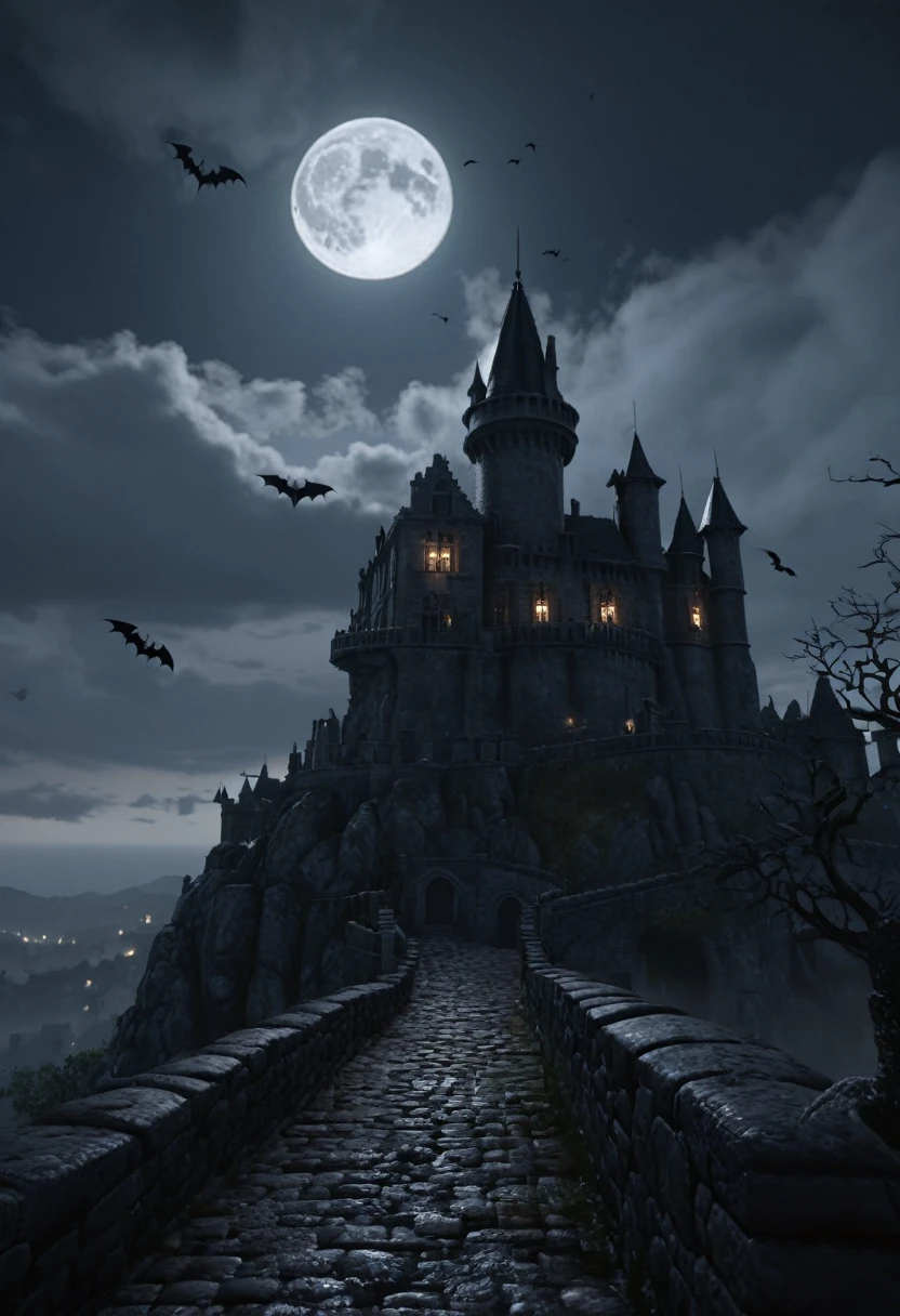 (A haunted castle), looming ominously, dark, foreboding, atop a misty hill, featuring Gothic architecture, cobblestone walls, flying bats, a full moon, and a stormy sky, with a chilling, eerie atmosphere, in a photorealistic, cinematic style, 8K sharp focus, Unreal Engine 5, (masterpiece, best quality, Professional, perfect composition, very aesthetic, absurdres, ultra-detailed, intricate details:1.3)