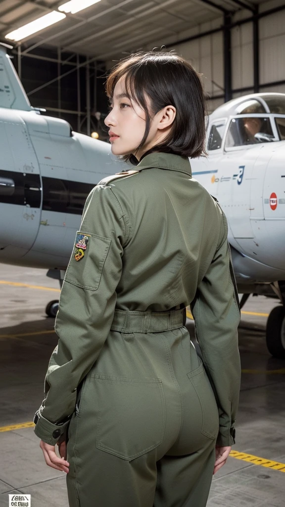 highest quality, ((Professional photos, RAW Photos)), Insanely Real, Very delicate and beautiful, Ultra-high resolution, Realistic lighting and shading, (A realistic image of a very cute female aircraft mechanic, alone), wide々Inside the aircraft hangar, A World War II-era monoplane fighter can be seen in the background......, Aircraft parts scattered on the floor, Maintenance Tools, She is in charge of aircraft maintenance...(Wearing a long-sleeved mechanic coverall with a military camouflage pattern), (Wear heavy duty mechanic gloves), (Wear a headset), Her hair will be tied up later, Very professional mechanics, Mysterious Smile, ((Very beautiful eyes and face)), (Amazingly beautiful, Natural skin texture), Accurate Eyes, Accurate needle, Overall well-balanced body, ((15-year-old girl, Back view, short hair, Cute type, slim, Round ass:1.2)), (Are standing:1.1), (From below:1.2)