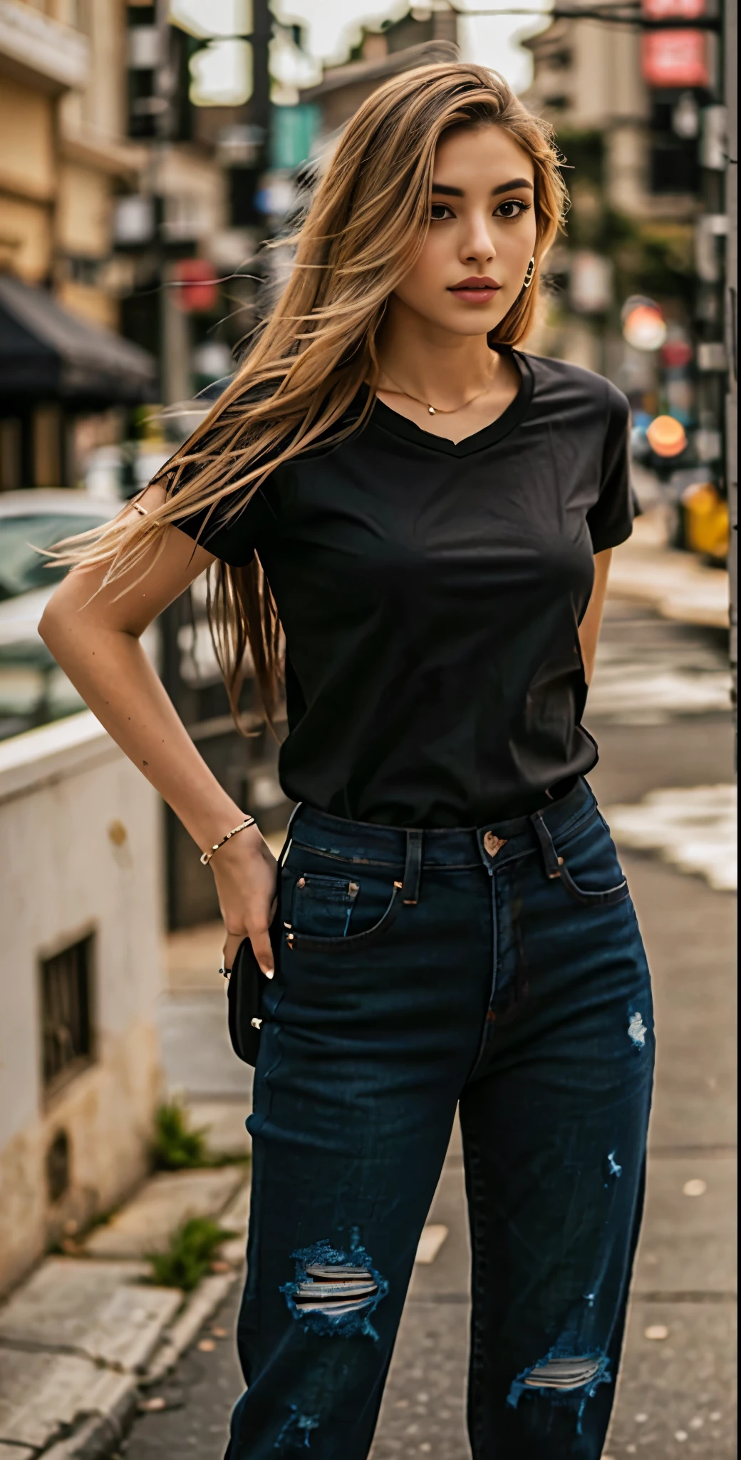 arafed woman in camisa preta and ripped jeans standing on a street, vestindo uma camisa escura e jeans, jeans e camiseta, wearing a Camiseta preta, vestindo uma camiseta preta, vestindo camiseta preta, camiseta preta, camiseta preta, Camiseta preta, wearing a camisa preta, Top preto, camisa preta, wearing pants and t-shirt