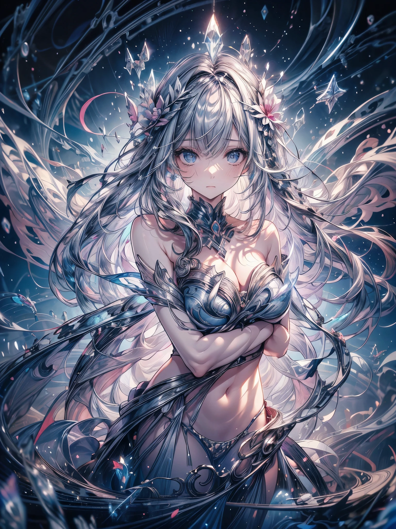 bust, Waves, 1 girl, extremely long hair, Silver slit dress,
Flowers bloom, galaxy, Spiral Nebula, birds, Like a dream,
best quality, masterpiece, Ultra-high resolution, illustration, Deep Shadow, Rim Light,
Ultra-delicate, Clear focus, (high resolution), Deformed depth of field blurred background, Detailed background, Perfect layer cutting,