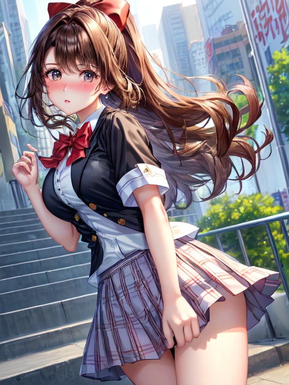 ((highest quality, High resolution, Perfect Pixel, 4K))), 1 female, Beautiful woman、I could see the whole body、Go down the subway stairs、Lots of commuters、 ((ponytail, bangs, Brown Hair)), ((Brown eyes, Beautiful eyelashes, Realistic eyes)), ((Detailed face, blush:1.2))、((Anime CG Style)), beautiful and big breasts、Perfect body, ((Red bow tie, Black open jacket, White short sleeve shirt, Checked mini skirt)), Embarrassed expression、 (The wind is blowing my skirt away:1.3)、((No underwear))、 Diagonal side angle, Dynamic Angle、Naughty wind、Full view of lower body、