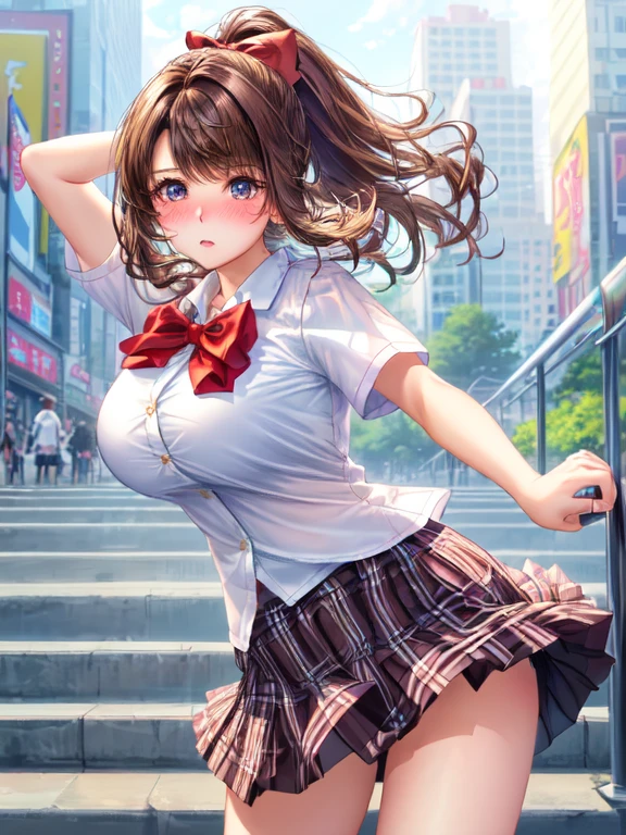 ((highest quality, High resolution, Perfect Pixel, 4K))), 1 female, Beautiful woman、I could see the whole body、Go down the subway stairs、Lots of commuters、 ((ponytail, bangs, Brown Hair)), ((Brown eyes, Beautiful eyelashes, Realistic eyes)), ((Detailed face, blush:1.2))、((Anime CG Style)), beautiful and big breasts、Perfect body, ((Red bow tie, Black open jacket, White short sleeve shirt, Checked mini skirt)), Embarrassed expression、 (The wind is blowing my skirt away:1.3)、((No underwear))、 Diagonal side angle, Dynamic Angle、Naughty wind、Full view of lower body、
