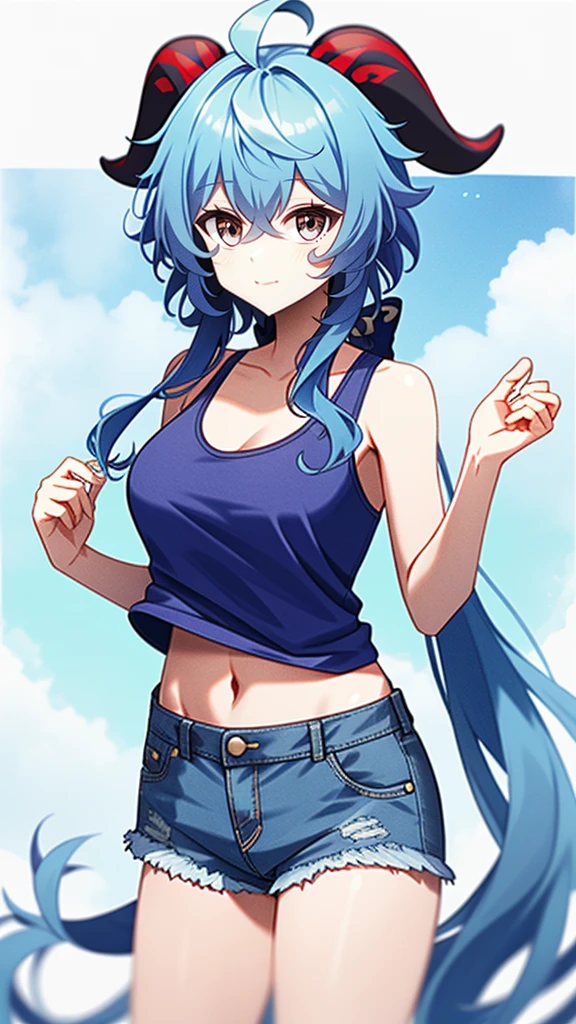 1 girl, solo, Ganyu (Genshin), chest, horns, long hair, blue hair, ahoge, looking at camera, holding, blushing, bangs, absolute territory, purple eyes, medium breasts, goat horns,, very long hair , standing, closed mouth, , side lock, cowboy shot, fluffy, red eyes, hair between the eyes, (colorful cloud background blur) 1.2, fluffy, soft, ((best quality)), ( Highly detailed, top details, official art, beauty, aesthetics: 1.2), text frame depth, composition, blue striped tank top, denim shorts,