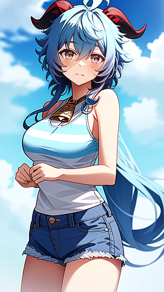 1 girl, solo, Ganyu (Genshin), chest, horns, long hair, blue hair, ahoge, looking at camera, holding, blushing, bangs, absolute territory, purple eyes, medium breasts, goat horns,, very long hair , standing, closed mouth, , side lock, cowboy shot, fluffy, red eyes, hair between the eyes, (colorful cloud background blur) 1.2, fluffy, soft, ((best quality)), ( Highly detailed, top details, official art, beauty, aesthetics: 1.2), text frame depth, composition, blue striped tank top, denim shorts,