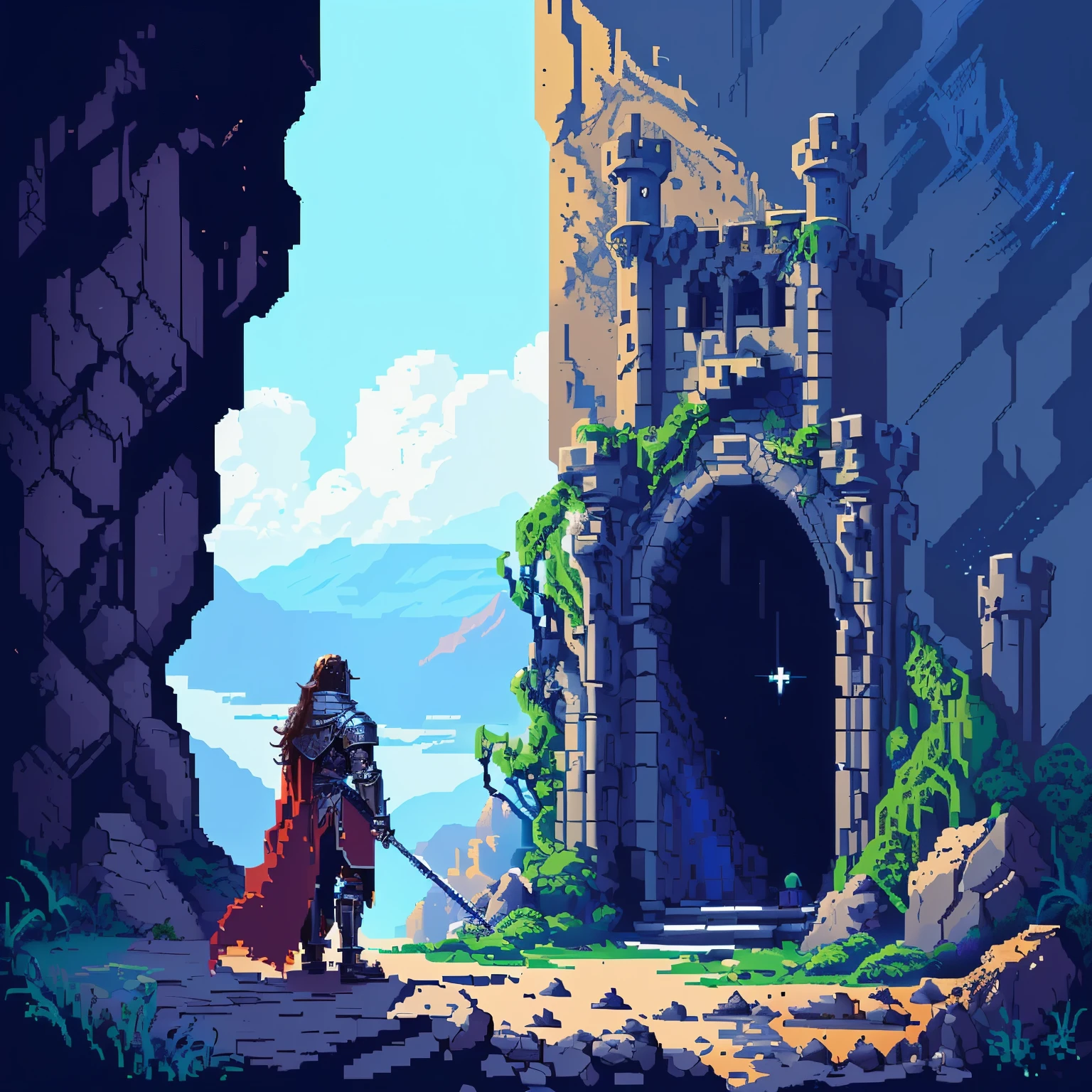 a close up of a person in a knight costume standing in front of a castle, beautiful detailed pixel art, concept pixelart, fantasy game art style, detailed game art, detailed pixel art, 2 d digital video game art, detailed pixel artwork, entrance to an ancient dungeon, detailed game art illustration, 2 d game art, dark colors