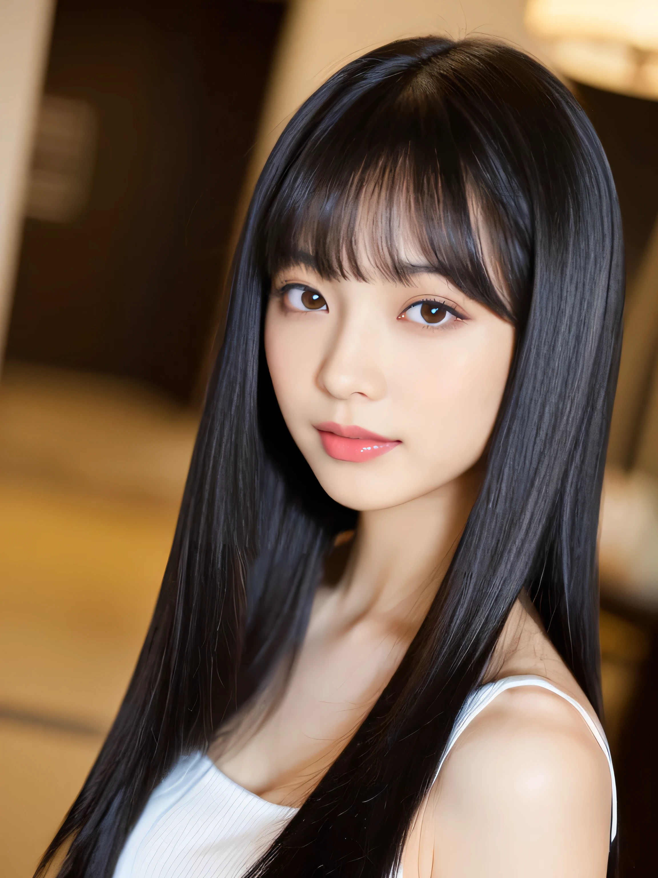 (A hyper-realistic)、(illustratio)、(hight resolution)、(8K)、(ighly detailed)、(Best Illustration)、(beautifully detailed eyes)、(top-quality)、(ultra-detailliert)、(masterpiece)、(wall-paper)、(A detailed face)、solo、1 girl in、looking at viewert、fine detailed、A detailed face、in the darkness nigth、deep-shadows、lowkey、pureerosfaceace_v1、A smile、long、Black shawl straight hair、46-point diagonal bangs、White See-Through Halter Neck Bondage 、Wet hair、Wet skin、Navel Ejection、Back、Skin shearing machine、Hair spreads、See-through stole on shoulder、Semi-long hair.all-fours、Open your mouth、put out the tongue、sit a chair、Cross your legs