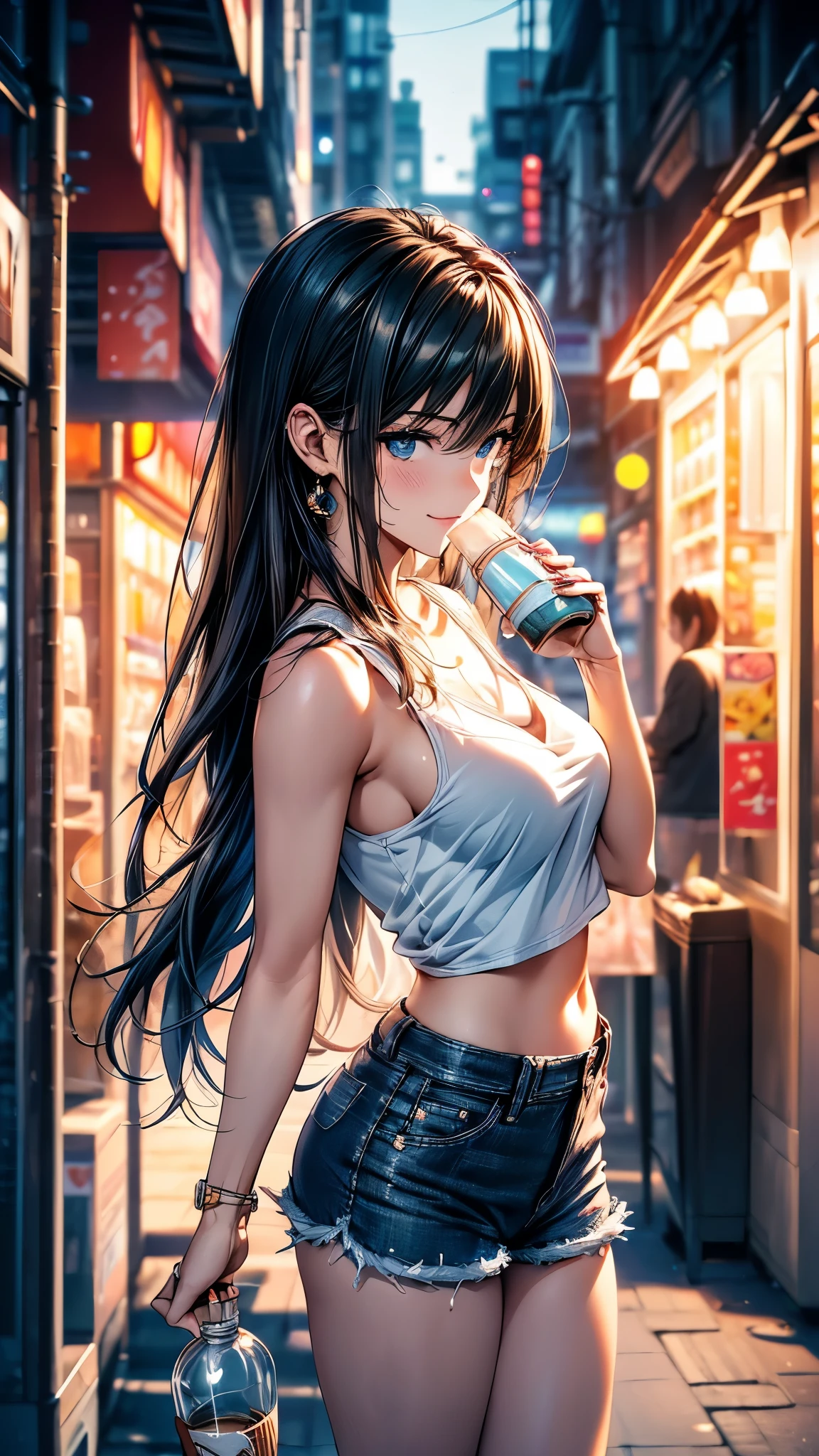 (masterpiece, best quality, Super detailed, high resolution, Extremely detailed CG, CG unity, official art, Professional lighting, Perfect anatomical structure, Anime Colors), (/full-body shot /Cowboy shooting), (/Front view/side view/Top view/Top view), Looking at the audience, rest 一個, 24 years old, Beautiful women, (((alone))), Medium Breast, Perfect body, Slim body, /black /White T-shirt, Bare shoulders, Bare belly, Denim shorts, /Hole, Bare legs, nail_polishing, White skin, silky skin, Black Hair, Long hair, Single ear side lock, Waterfall-like straight hair, blue eyes, long upper eyelashes, Upper Eye, beautiful eyes, delicate eyes, (Smile), Sexy and cute, Detailed face, rest (Night:1.5), Tokyo, (convenience store:1.3), outdoor, Detailed background, Clear focus, Depth of Field, Bokeh, Perfect layer cutting, rest walking, Waiting for friends, (((Holding in hand /a cup of coffee /A bottle of water )))
