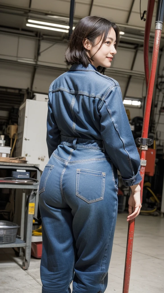 highest quality, ((Professional photos, RAW Photos)), Insanely Real, Very delicate and beautiful, Ultra-high resolution, Realistic lighting and shading, (A realistic image of a very cute female aircraft mechanic, alone), wide々Inside the aircraft hangar, A World War II-era monoplane fighter can be seen in the background......, Aircraft parts scattered on the floor, Maintenance Tools, She is in charge of aircraft maintenance...(Wearing a long-sleeved mechanic coverall with a military camouflage pattern), (Wear heavy duty mechanic gloves), (Wear a headset), Her hair will be tied up later, Very professional mechanics, Mysterious Smile, ((Very beautiful eyes and face)), (Amazingly beautiful, Natural skin texture), Accurate Eyes, Accurate needle, Overall well-balanced body, ((15-year-old girl, Back view, short hair, Cute type, slim, Round ass:1.2)),  (Are standing:1.1), (From below:1.2)