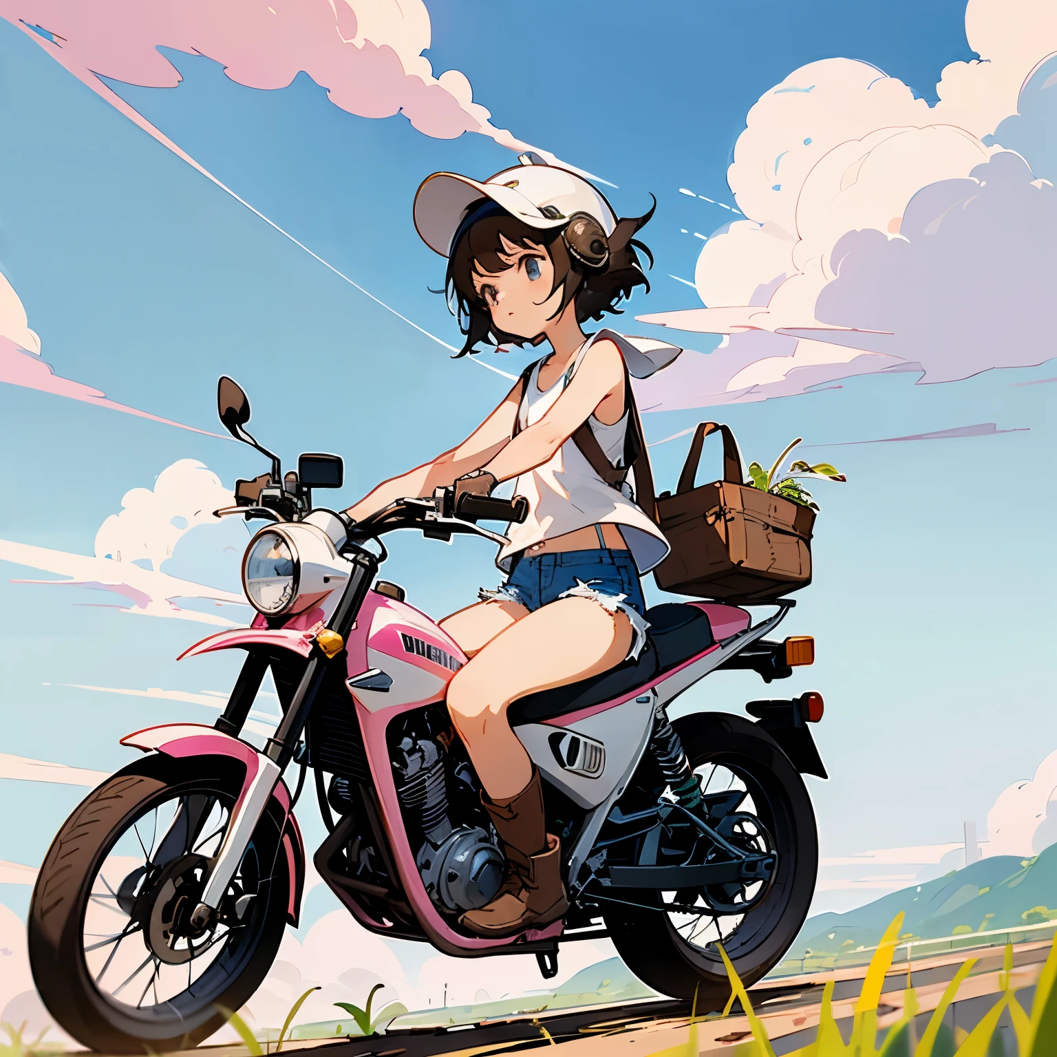 Highest quality、A girl is riding a white Super Cub、Dark brown short cut、(He is wearing a jet helmet with white and black lines running down the center of the helmet from front to back.、White tank top、Pink jacket、Denim shorts、White knee-high socks、Brown work boots:1.3)、Japanese countryside scenery、Road beside the stream、Small creek、Dirt Road、Weeds grow along the side of the road、Blue sky、White clouds floating、Early summer sky、