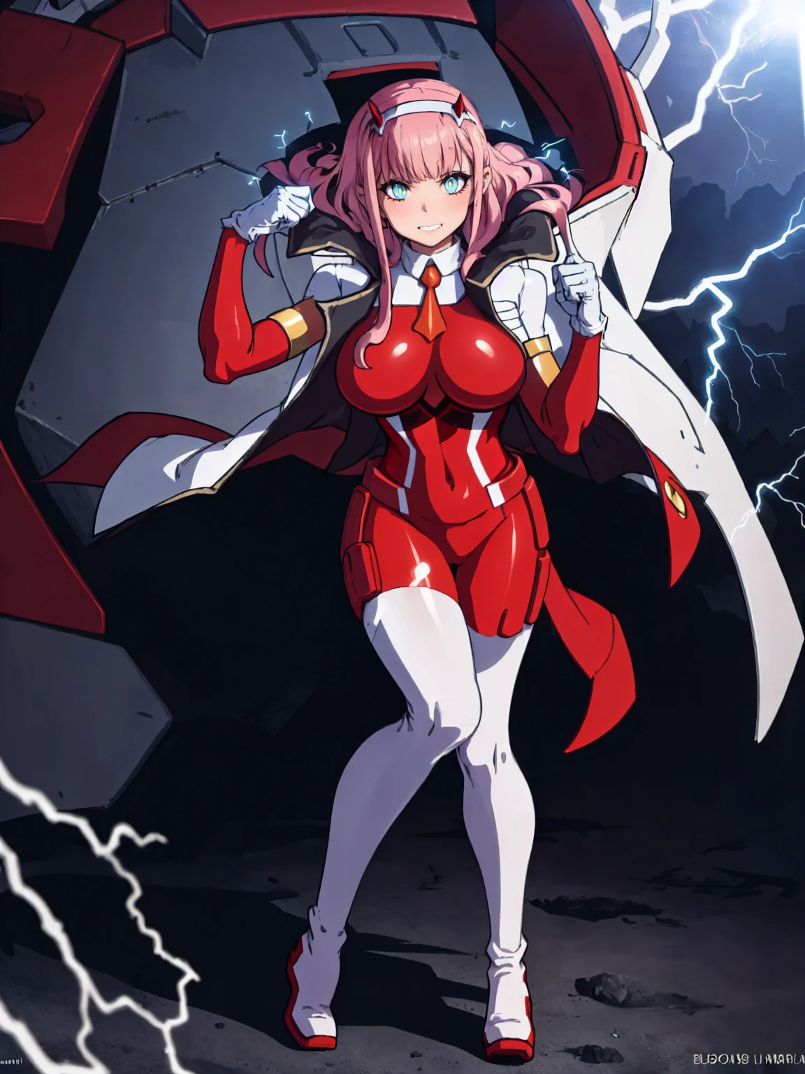 masterpiece, best quality, IncrsLowTier, electricity, glowing eyes zerotwo horns, hairband, necktie, red dress, pantyhose horns, hairband, red bodysuit, armlet, mecha horns, hairband, white bodysuit, white gloves, mecha peaked cap, red dress, white gloves, jacket on shoulders, pantyhose, cyber_armor body_suit,huge_breast, tall female, fulll body, sun light, smile,, sun aura,, boots, standing, smile