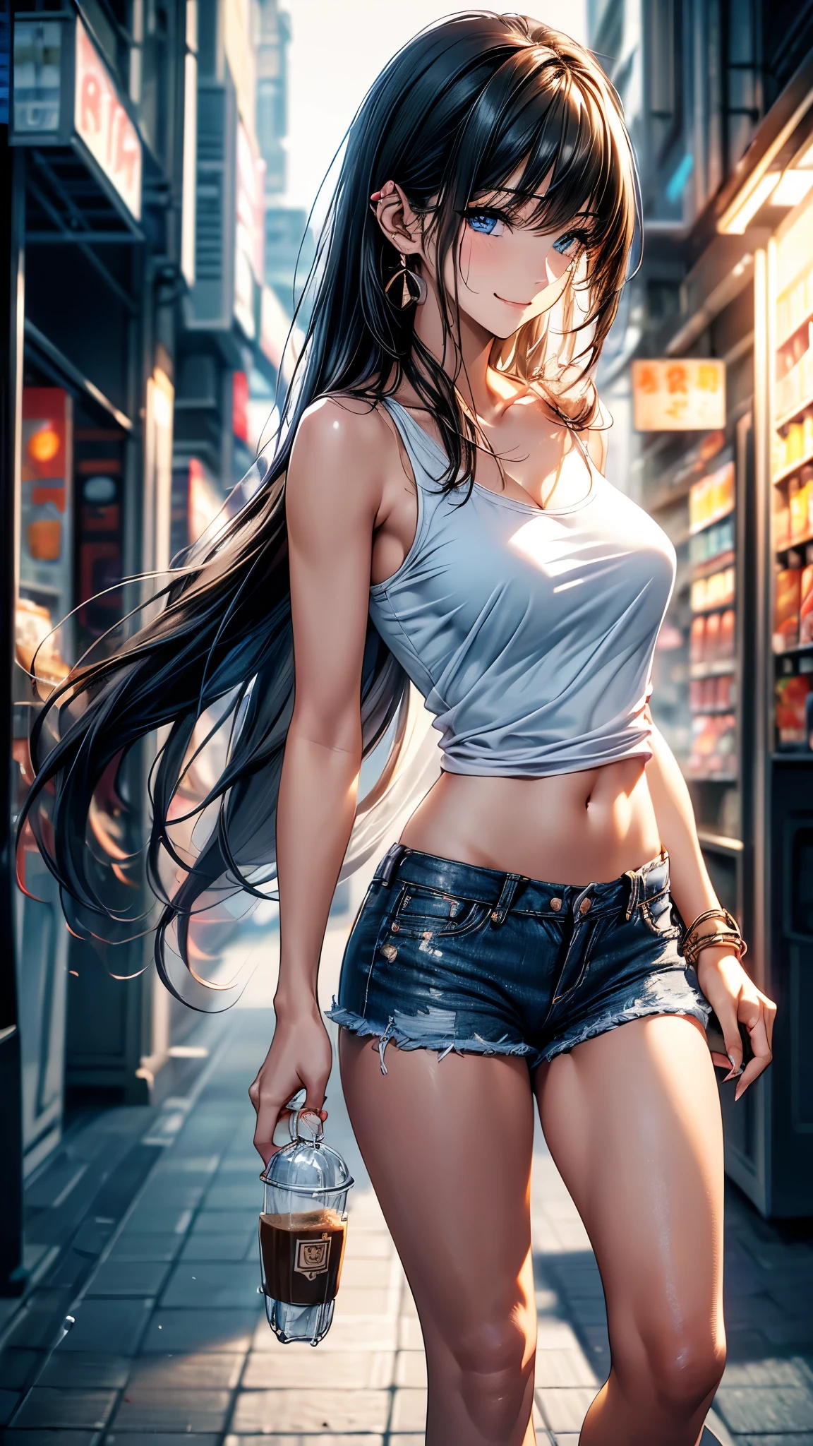 (masterpiece, best quality, Super detailed, high resolution, Extremely detailed CG, CG unity, official art, Professional lighting, Perfect anatomical structure, Anime Colors), (/full-body shot /Cowboy shooting), (/Front view/side view/Top view/Top view), Looking at the audience, rest 一個, 24 years old, Beautiful women, (((alone))), Medium Breast, Perfect body, Slim body, /black /White T-shirt, Bare shoulders, Bare belly, Denim shorts, /Hole, Bare legs, nail_polishing, White skin, silky skin, Black Hair, Long hair, Single ear side lock, Waterfall-like straight hair, blue eyes, long upper eyelashes, Upper Eye, beautiful eyes, delicate eyes, (Smile), Sexy and cute, Detailed face, rest (Night:1.5), Tokyo, (convenience store:1.3), outdoor, Detailed background, Clear focus, Depth of Field, Bokeh, Perfect layer cutting, rest walking, Waiting for friends, (((Holding in hand /a cup of coffee /A bottle of water )))