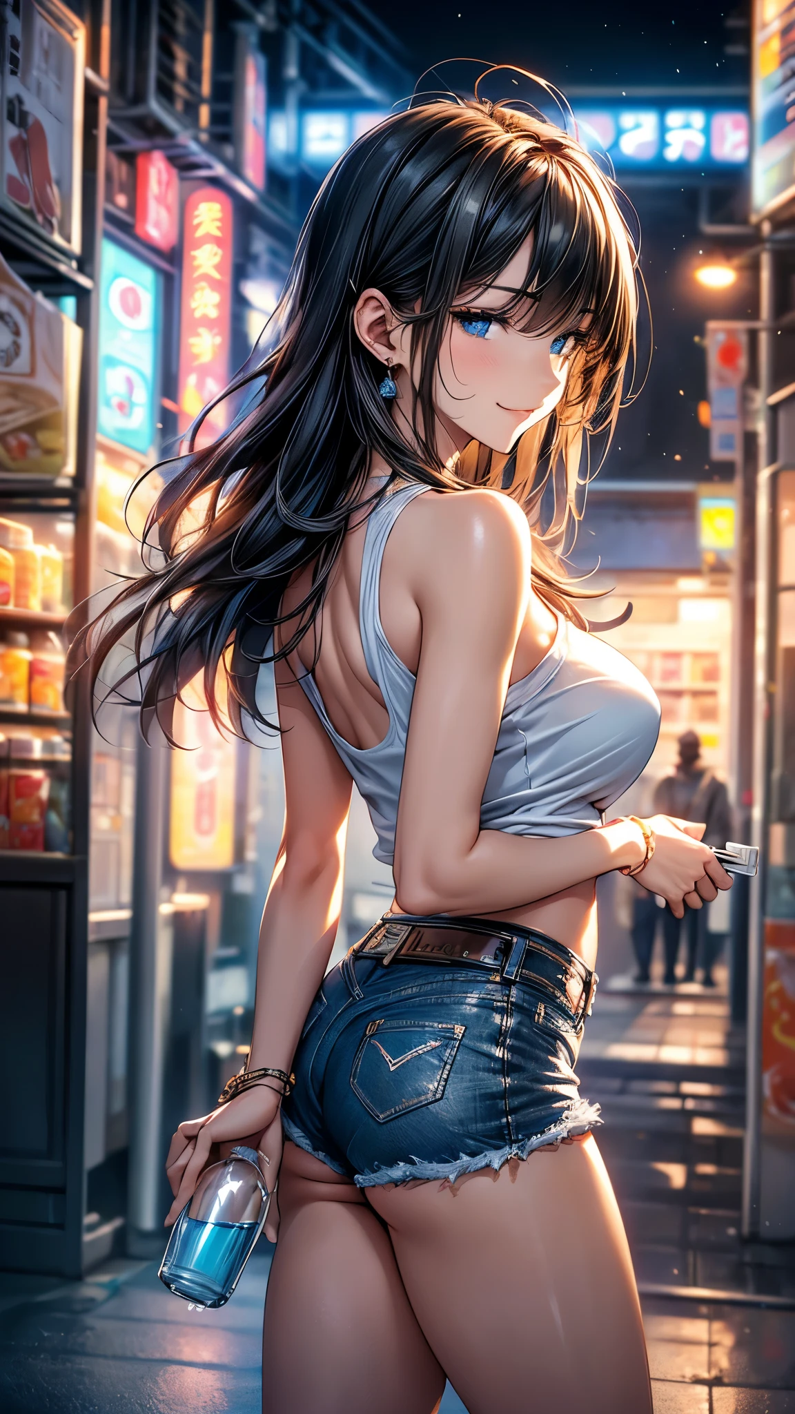 (masterpiece, best quality, Super detailed, high resolution, Extremely detailed CG, CG unity, official art, Professional lighting, Perfect anatomical structure, Anime Colors), (/full-body shot /Cowboy shooting), (/Front view/side view/Top view/Top view), Looking at the audience, rest 一個, 24 years old, Beautiful women, (((alone))), Medium Breast, Perfect body, Slim body, /black /White T-shirt, Bare shoulders, Bare belly, Denim shorts, /Hole, Bare legs, nail_polishing, White skin, silky skin, Black Hair, Long hair, Single ear side lock, Waterfall-like straight hair, blue eyes, long upper eyelashes, Upper Eye, beautiful eyes, delicate eyes, (Smile), Sexy and cute, Detailed face,  rest (Night:1.5), Tokyo, (convenience store:1.3), outdoor, Detailed background, Clear focus, Depth of Field, Bokeh, Perfect layer cutting, rest walking, Waiting for friends, (((Holding in hand /a cup of coffee /A bottle of water )))