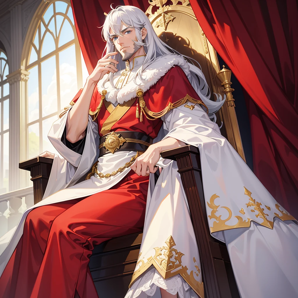 A 40 year old king, he is sitting on a throne in a castle, he has white hair and blue eyes, he has a well-groomed beard and a very handsome and elegant face, he is wearing noble king's clothes, white clothes and a red cloak,