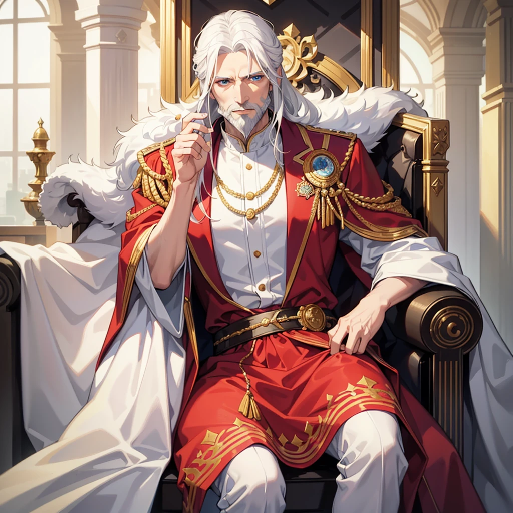 A 40 year old king, he is sitting on a throne in a castle, he has white hair and blue eyes, he has a well-groomed beard and a very handsome and elegant face, he is wearing noble king's clothes, white clothes and a red cloak,