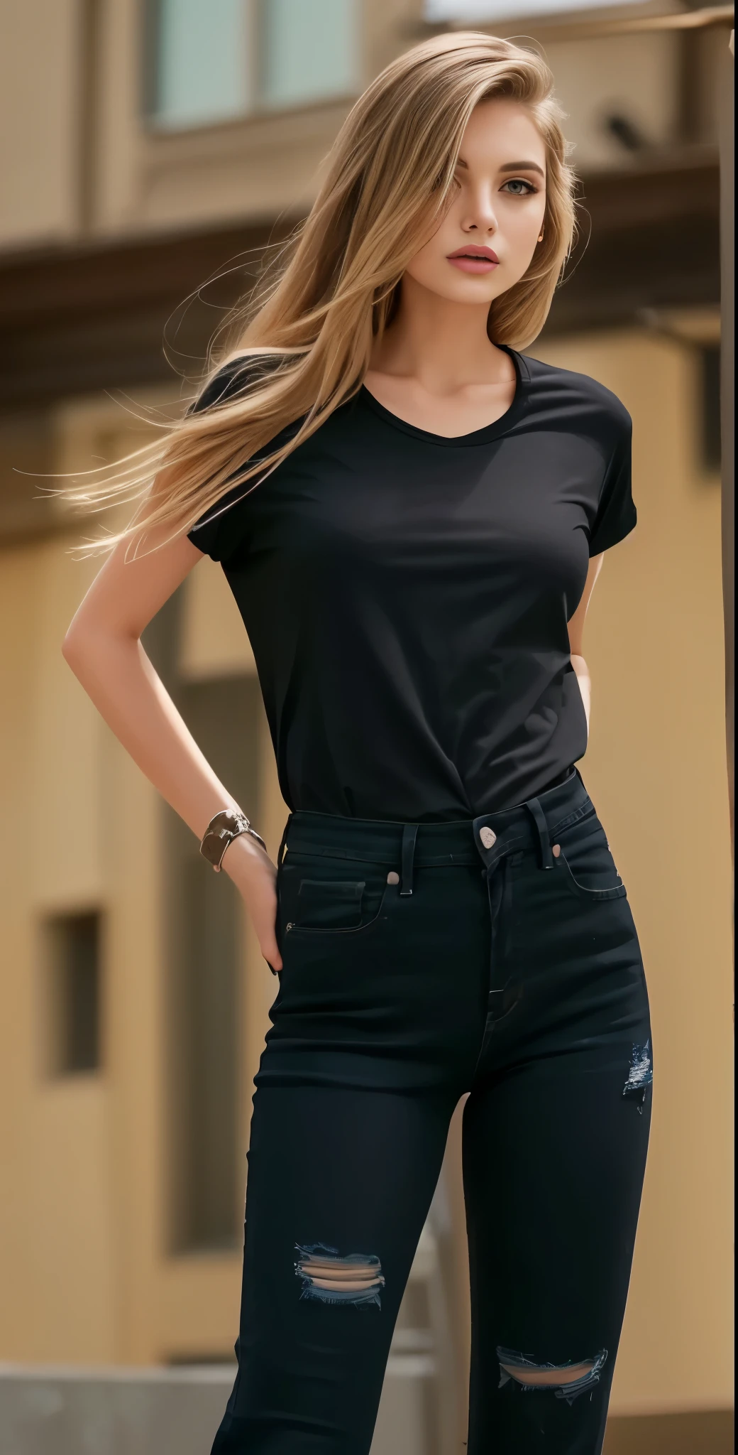 arafed woman in camisa preta and ripped jeans standing on a street, vestindo uma camisa escura e jeans, jeans e camiseta, wearing a Camiseta preta, vestindo uma camiseta preta, vestindo camiseta preta, camiseta preta, camiseta preta, Camiseta preta, wearing a camisa preta, Top preto, camisa preta, wearing pants and t-shirt