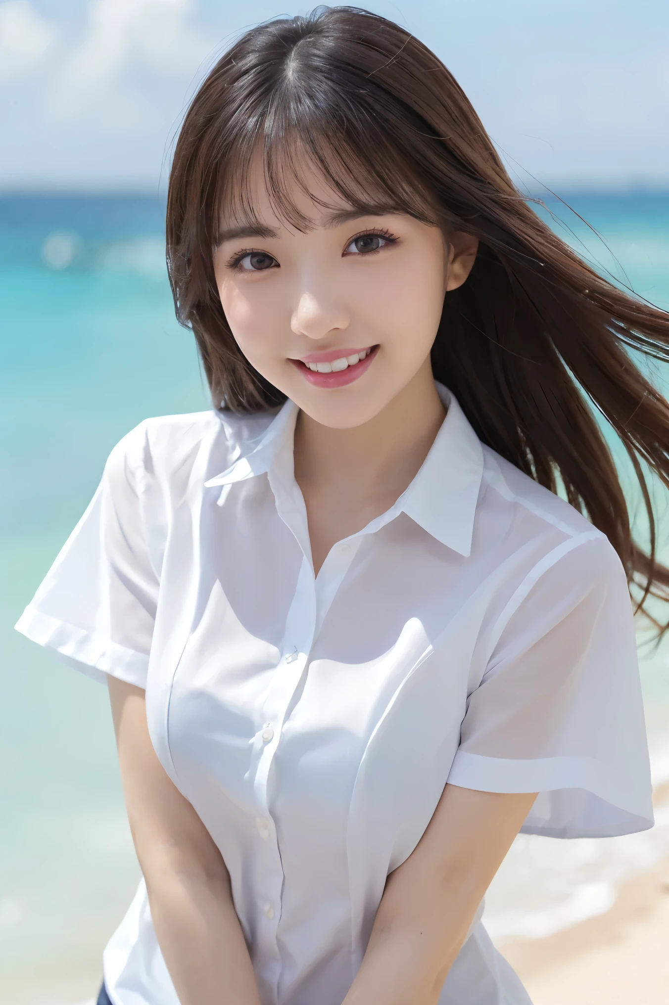 ((highest quality、Tabletop、8k、Best image quality、Extremely intricate and detailed))、(1 person photo:1.1)、(Look at me with your best smile:1.2)、(Beautiful beaches:1.05)、(Expose your breasts:1.1)、(White polyester short sleeve collared shirt、(White polyester short-sleeved collared shirt:1.2)、(Huge breasts:1.2)、(Accentuate your body lines:1.2)、The most natural and perfect tropical sea background、Cleavage、(Face close-up:1.2)、Attractive body、Hair swaying in the wind、Sandy Beach、Beautiful sea、The clearest and most shining sea、Complex sea glow、The most detailed and realistic ocean、deserted island sea、Beautiful seaの詳細が描かれています、Brightly lit face、Ultra-high definition beauty face、(Ultra high resolution perfect beautiful teeth:1.1)、Ultra HD Hair、Ultra-high definition sparkling eyes、(Pure white skin shining in ultra-high resolution:1.1)、Ultra-high quality glossy lips、(The cutest gravure pose:1.1)、(Very bright and vivid:1.2)、(Very bright:1.2)、(Very refreshing:1.2)、(Glowing Skin:1.2)、Blurred Background