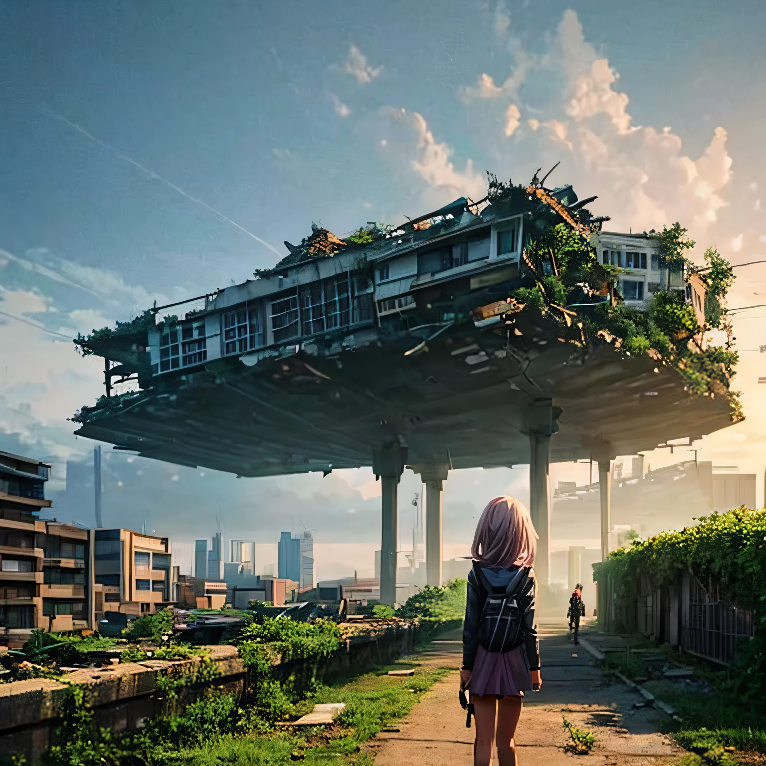 Girl with little clothes walking towards the dark city, anime style landscape, decaying city, poor lighting, girl walking in the city, planet seen in the sky, destroyed apocalyptic city, flora growing in the middle of the city