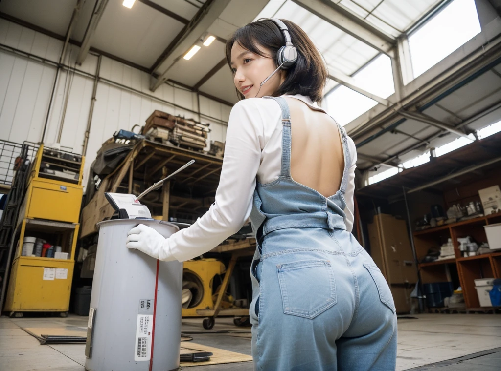 (((magazine's cover))), (large title), (many heading), (whole body, eccentric pose), round face, drooping eyes, (worker clothes, shirt, tiny panties), straddling to hit her crotch on exposed pipe, open legs, raise leg, open mouth, (in the factory, many machines, ceiling, floor),  