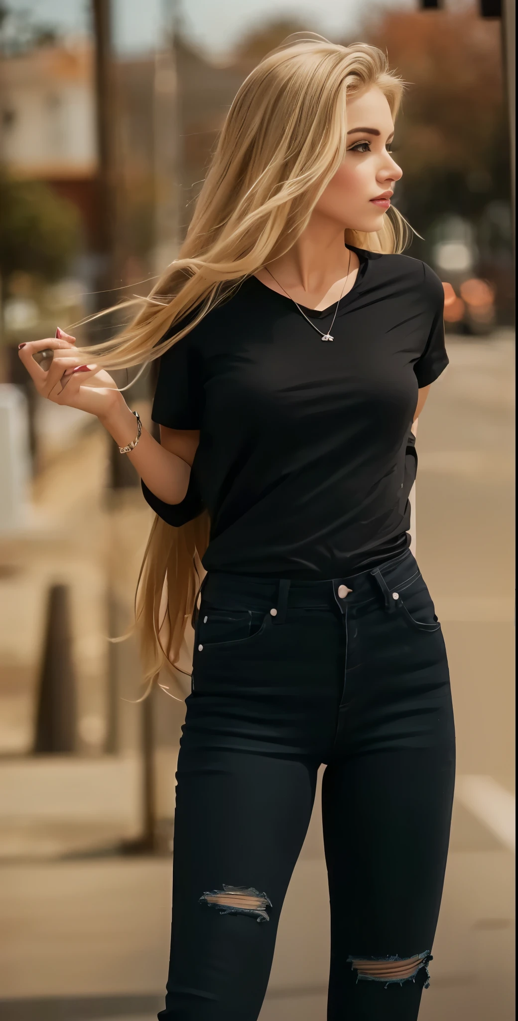 arafed woman in camisa preta and ripped jeans standing on a street, vestindo uma camisa escura e jeans, jeans e camiseta, wearing a Camiseta preta, vestindo uma camiseta preta, vestindo camiseta preta, camiseta preta, camiseta preta, Camiseta preta, wearing a camisa preta, Top preto, camisa preta, wearing pants and t-shirt