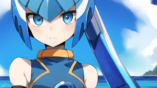 Leviathan Megaman 1 girl, looking at viewer, blue hair, Blue eyes, sea background , face only 