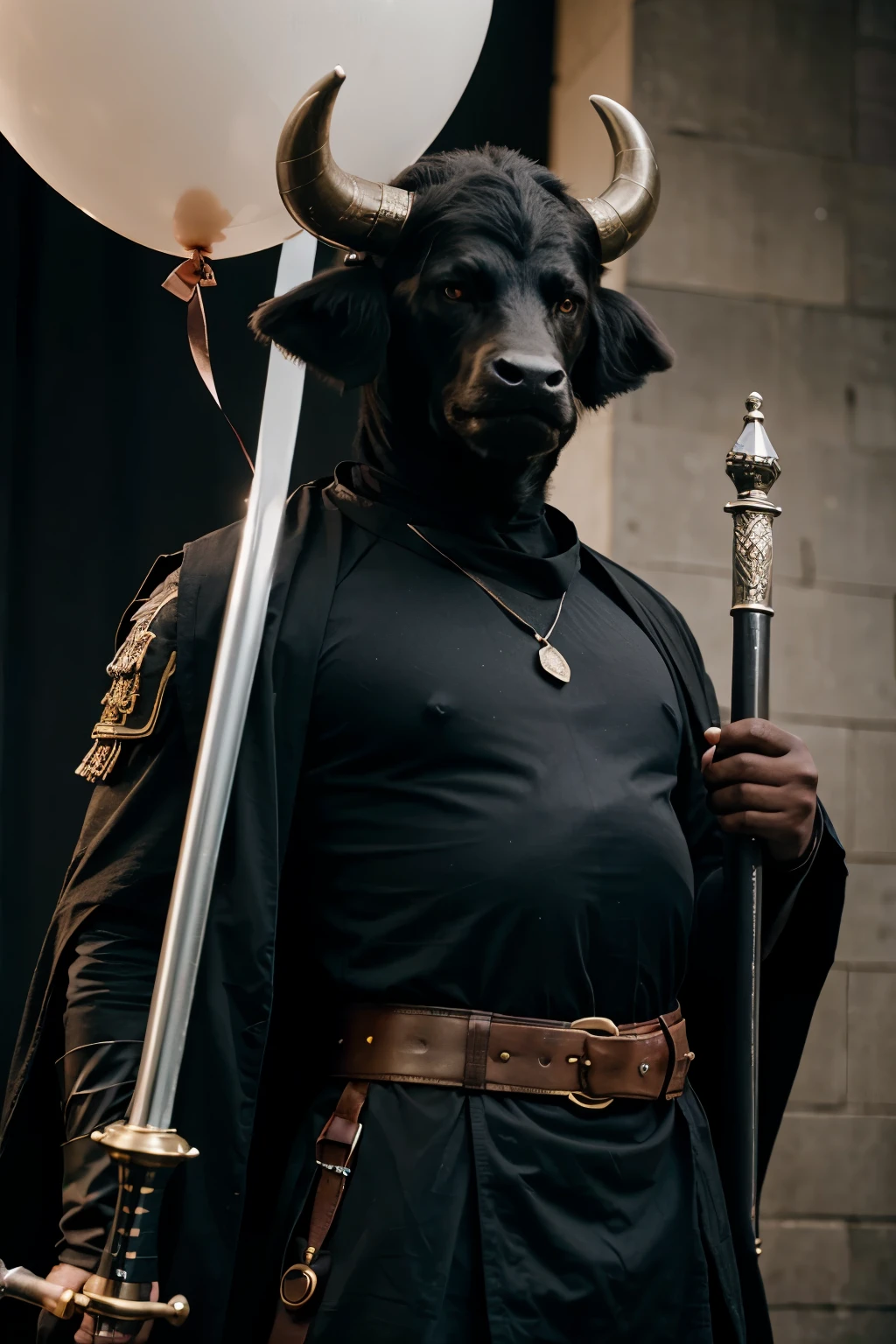 an anthropomorphic black bull wearing a jedi's cosplay wealding a balloon sword, professional looking photo