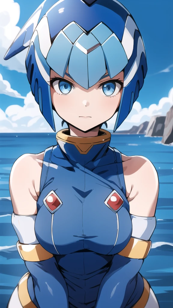 Leviathan Megaman 1 girl, looking at viewer, blue hair, Blue eyes, sea background , face only 