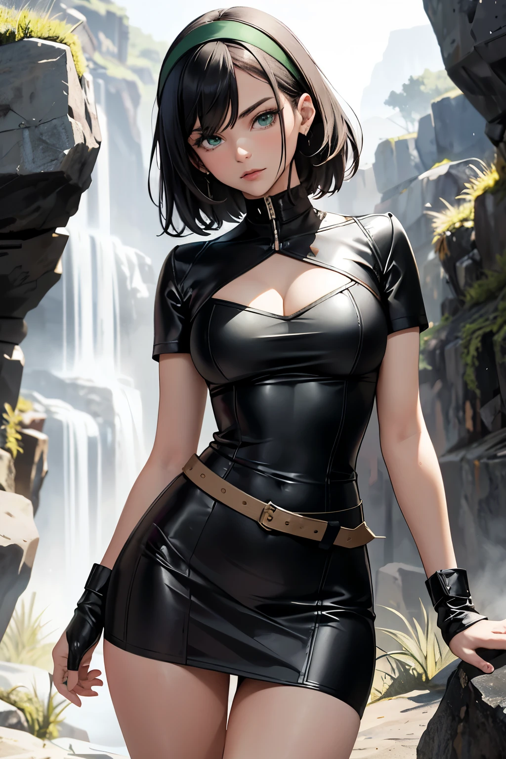 Masterpiece of art, superior quality, high resolution image, One beautiful girl, alone, black hair with a headband, belt around the waist, short leather dress, green eyes, looking good, short sleeves, pelvic curtain, rocky exterior, daytime scene.

A stunning work of art featuring a lone girl with black hair and a headband. The high resolution image showcases every detail of her appearance, from her belted waist to the short sleeves of her tight leather dress. Her green eyes, looking good, captivate the viewer as she stands before a rocky exterior, basking in the sunlight. This masterpiece is truly a sight to behold.