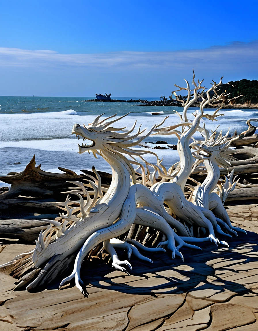 quite ((cahotic)) sculture made of drift wood irregular branches and a few trunks composing all together an overall shape similar to an undefined ((lion)) (((like dragon of Vaia))), some wood pieces are quite bleached by the sun and salted sea, on a rock on the shore, (((birds in the background))), at the evening, storming sea and leaden sea behind, photorealistic