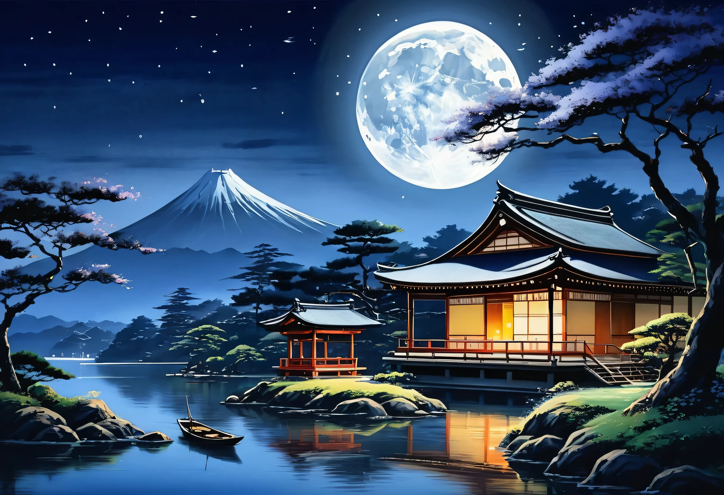 Painting of a Japanese house in the moonlight with a full moon, The art of Japan style, The art of Japan, traditional The art of Japan, Japan at Night, Traditional Japanese painting, old The art of Japan, Landscape painting, Background artwork, The art of Japan art, Anime Background Art, Night view, Zen temple background, Quiet and peaceful atmosphere, beautiful moonlight night, Japanese painting, Moonlit Night