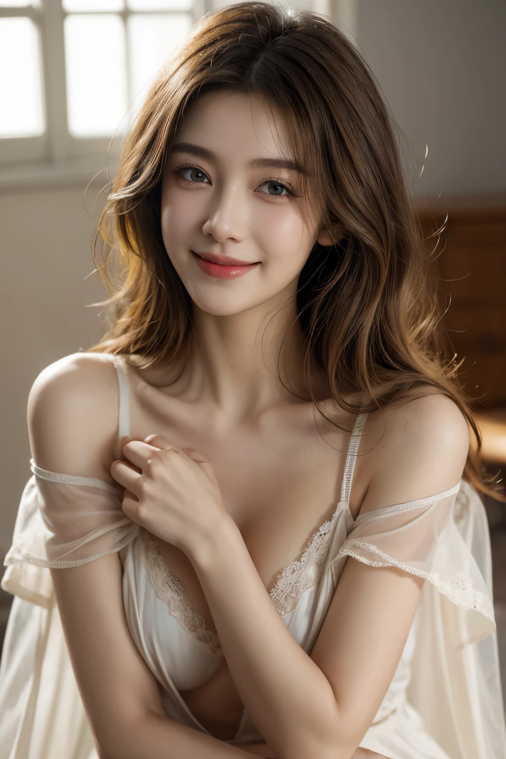 yellow_hair,chest tip exposed,background, shirt,((1 girl)), open,,shoulders exposed,crisp breasts exposed, clothes open half, hand held clothes, torn open, (very detailed CG Unity 8k wallpaper), (masterpiece), (best quality), (super detailed), (best illustration), (best shadow), (realistic), (PureErosFace_V1:0.5), lens flare, (depth of field), (natural lighting), ultra-high resolution, (eye detail) , (brunet) , (((transparent nightdress))),two hands undoing bra (exposed chest), 18 years old, background blur, (((sparking smile on her beauty face)))