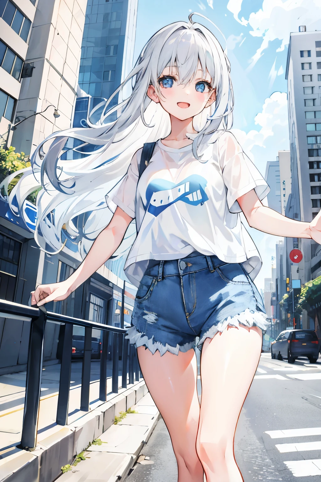 1girl, long silver hair, blue eyes, expressive face,big smile, open-mouthed, wearing plain white shirt, denim shorts, city, absurdres, high res, ultrasharp, 8K, masterpiece, looking at viewer