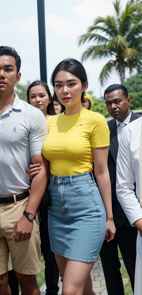 a white Asian woman in yellow top and shorts denim skirt is giving a black dark skin African man , he is wearing business suit, half asian, asian descent, white asian girl, asian women, black dark skin African man,her hand is on her waist, hugging her knees, full scene shot, beautiful angle, lit from the side, gemma chen, asian decent, more details, asian sun, white Asian women with black dark skin man,hyper realistically, high quality detailed image, super high quality detailed, safe for work image, completely safe image for work,