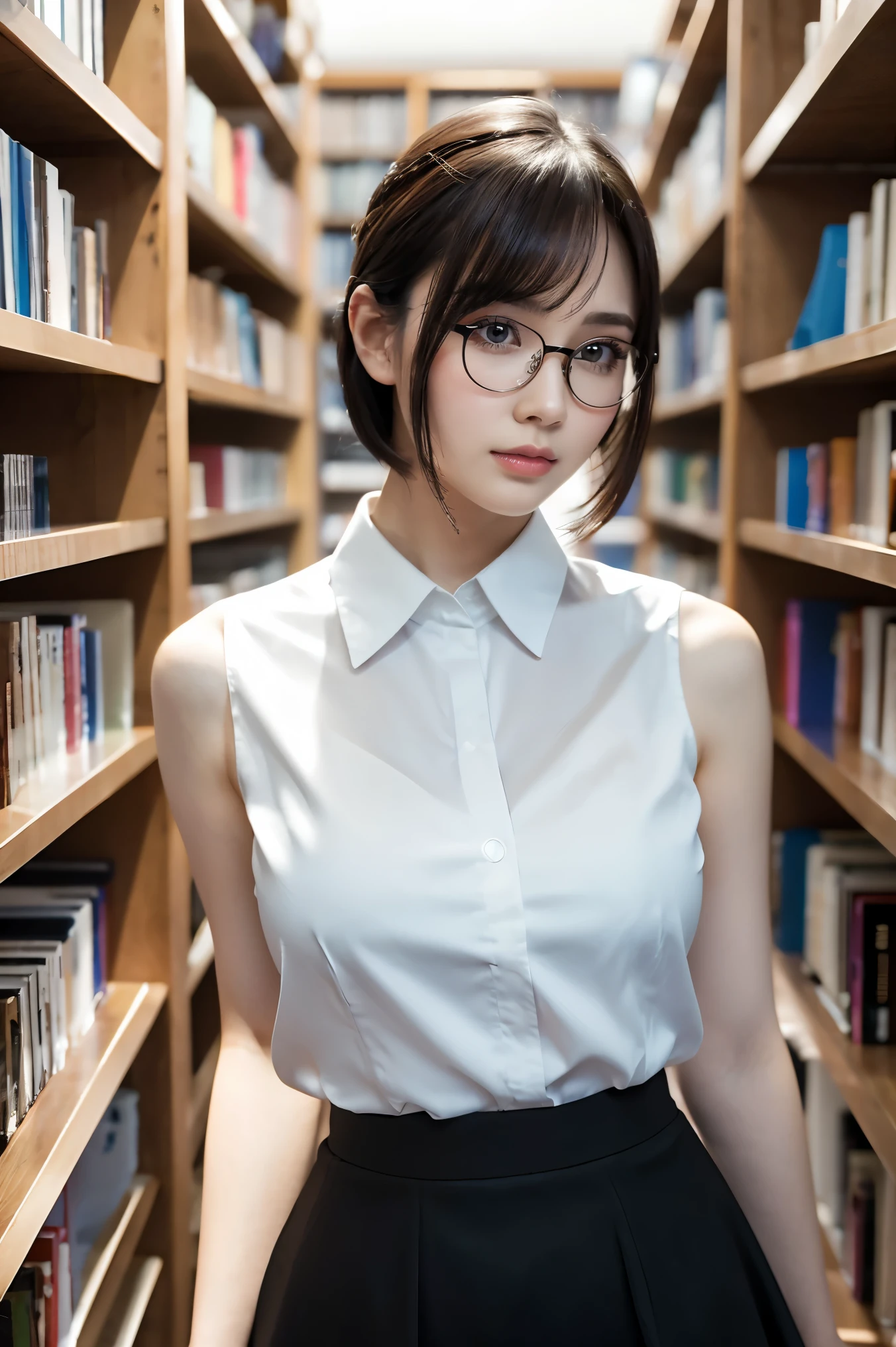 (highest quality、Tabletop、8k、Award-winning works、Ultra-high resolution、Best image quality)、One beautiful woman、(White polyester sleeveless buttoned collared blouse:1.3)、(Elegant black tight skirt:1.1)、(Huge breasts:1.2)、(Elegant round glasses:1.2)、library、(Standing Elegantly:1.1)、(Strongly blurred background:1.1)、Stand next to a bookshelf、(Perfectly organized bookshelf:1.1)、Bookshelf in the background、居心地の良いlibrary、lipstick、Long eyelashes、Heavy makeup、Perfect Makeup、Colored contact lenses、Accentuate your body lines、Big ample breasts、Soft and warm lighting、Detailed bookshelf、(Ultra-high resolutionの正確な美しい髪:1.1)、(Accurate anatomy:1.2)、Ultra-high definition beautiful eyes、(Super bright and radiant skin:1.1)、(Looking at me with a sad expression:1.1)