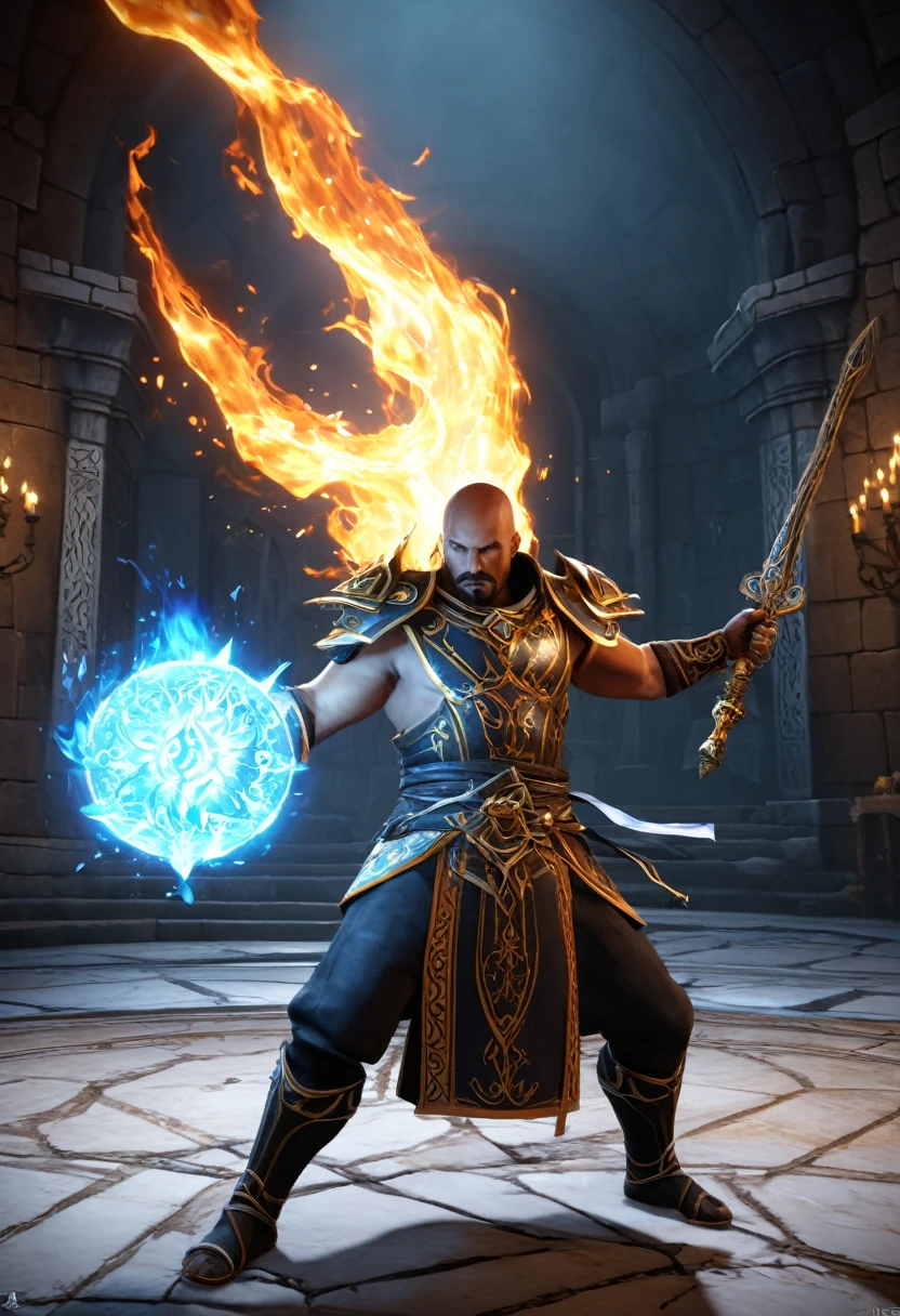 In the depths of arcane study, Sorcerers summon elemental forces, bending fire and ice to their will in a spectacle of power and mysticism, Neo-Byzantine, Fighting game style, (masterpiece, best quality, Professional, perfect composition, very aesthetic, absurdres, ultra-detailed, intricate details:1.3)
