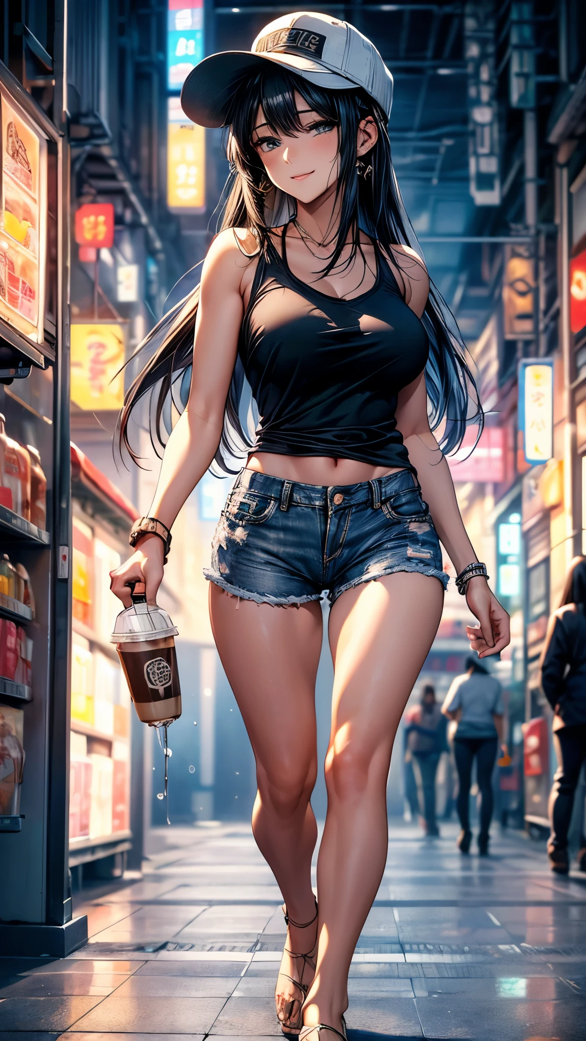 (masterpiece, best quality, Super detailed, high resolution, Extremely detailed CG, CG unity, official art, Professional lighting, Perfect anatomical structure, Anime Colors), (full-body shot/Cowboy shooting), (Front view/side view/Top view/Top view), Looking at the audience, rest 一個, 24 years old, Beautiful women, (((alone))), Medium Breast, Perfect body, Slim body, /black /White T-shirt, Bare shoulders, Bare belly, Denim shorts, /Hole, Bare legs, (/hairpin /Hip hop hats), nail_polishing, White skin, silky skin, Black Hair, Long hair, Single ear side lock, Waterfall-like straight hair, blue eyes, long upper eyelashes, Upper Eye, beautiful eyes, (Smile), Sexy and cute, rest (Night:1.5), Tokyo, (convenience store:1.3), outdoor, Detailed background, Clear focus, Depth of Field, Bokeh, Perfect layer cutting, rest walking, Waiting for friends, (((Holding in hand /a cup of coffee /A bottle of water )))