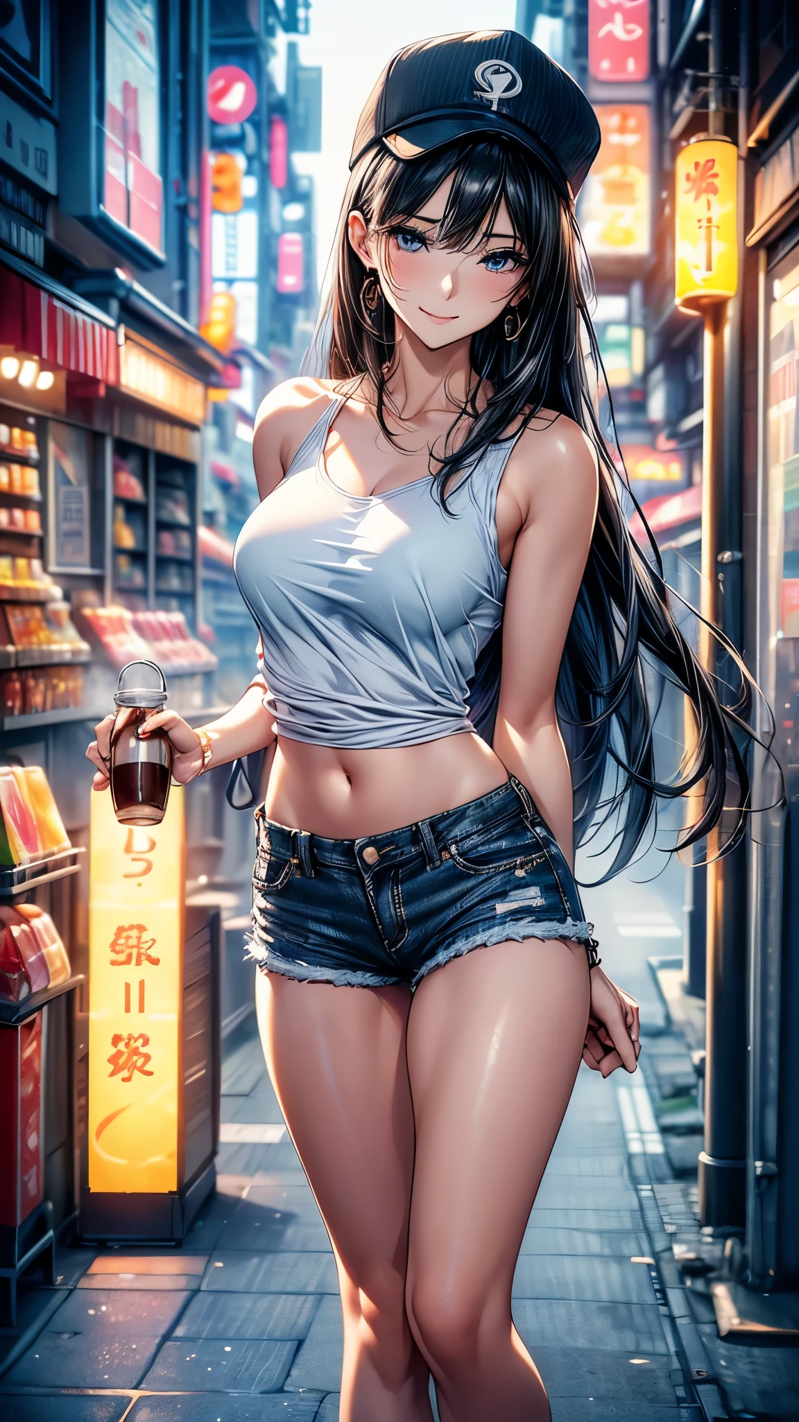 (masterpiece, best quality, Super detailed, high resolution, Extremely detailed CG, CG unity, official art, Professional lighting, Perfect anatomical structure, Anime Colors), (full-body shot/Cowboy shooting), (Front view/side view/Top view/Top view), Looking at the audience, rest 一個, 24 years old, Beautiful women, (((alone))), Medium Breast, Perfect body, Slim body, /black /White T-shirt, Bare shoulders, Bare belly, Denim shorts, /Hole, Bare legs, /Hip hop hats, nail_polishing, White skin, silky skin, Black Hair, Long hair, Single ear side lock, Waterfall-like straight hair, blue eyes, long upper eyelashes, Upper Eye, beautiful eyes, (Smile), Sexy and cute, rest (Night:1.5), Tokyo, (convenience store:1.3), outdoor, Detailed background, Clear focus, Depth of Field, Bokeh, Perfect layer cutting, rest walking, Waiting for friends, (((Holding in hand /a cup of coffee /A bottle of water )))
