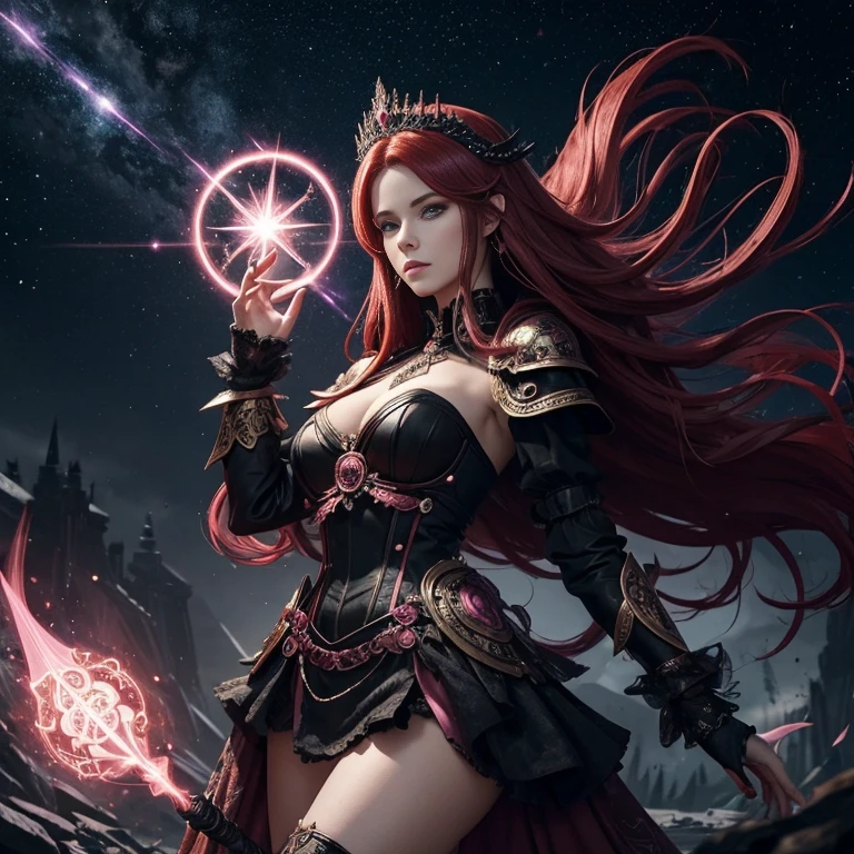 (master piece:1.5), (best quality:1.5), 8k,wallpaper, Full Body Female long red hair dark fantasy girl wearing an intricate elaborate futuristic black armor with black mini dress with elaborated pink ornaments, black short mini skirt with elaborated pink ornaments, wearing a large staff, conjuring a magic circle, stars, night castle background with a big floating rock behind in the distance, ethereal lightning, sharp focus