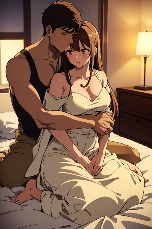 ((highest quality)), ((masterpiece)), Perfect Face、((Yuuki Asuna))、Brown Hair、((Black man and woman standing close together))、((Black man fondling woman&#39;s breasts))、((Woman pregnant with black boy))、((Black men and women naked))、((Black man with big erect dick and big balls))、((Black men have dark skin and strong bodies))、On the bed in the bedroom、Woman has happy expression