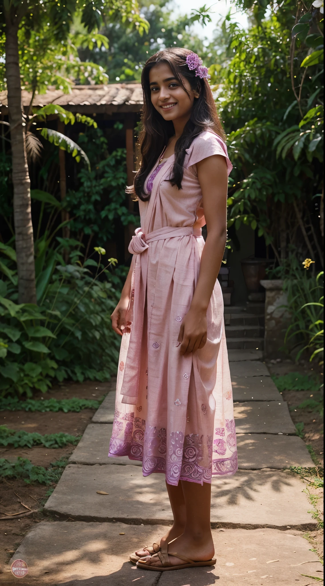 kerala girl, looks like Hermoine Granger, wearing a pink churidar with a violet flower design, realistic dress, smiling at camera, standing near the garden, hand on waist, trees in the background, f/8, realistic nature, sunlit, long shot from front, realistic skin texture, mobile photography, raw,