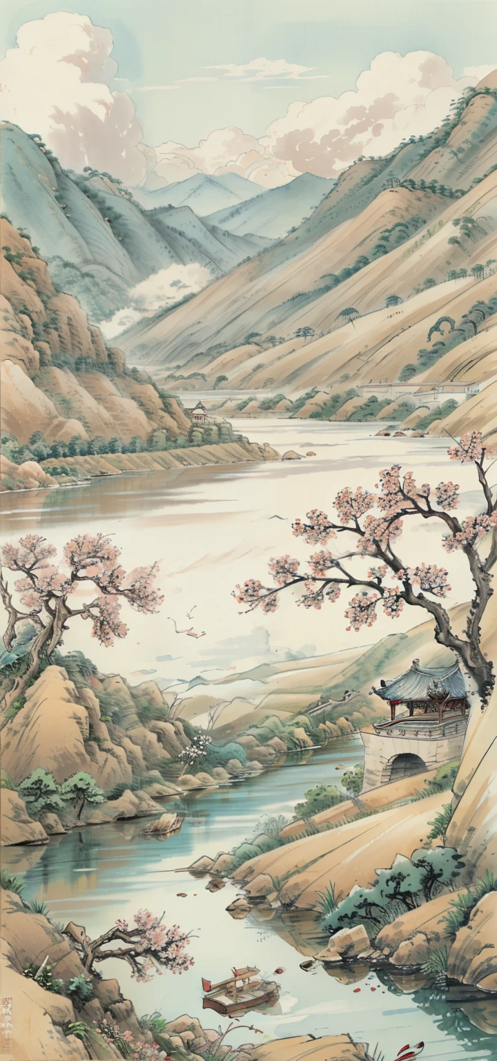 Chinese landscape painting,peach,Mountain full of peach blossoms,Rock,river,flowing water,Small boat,Sky,White Cloud,Several farmhouses,