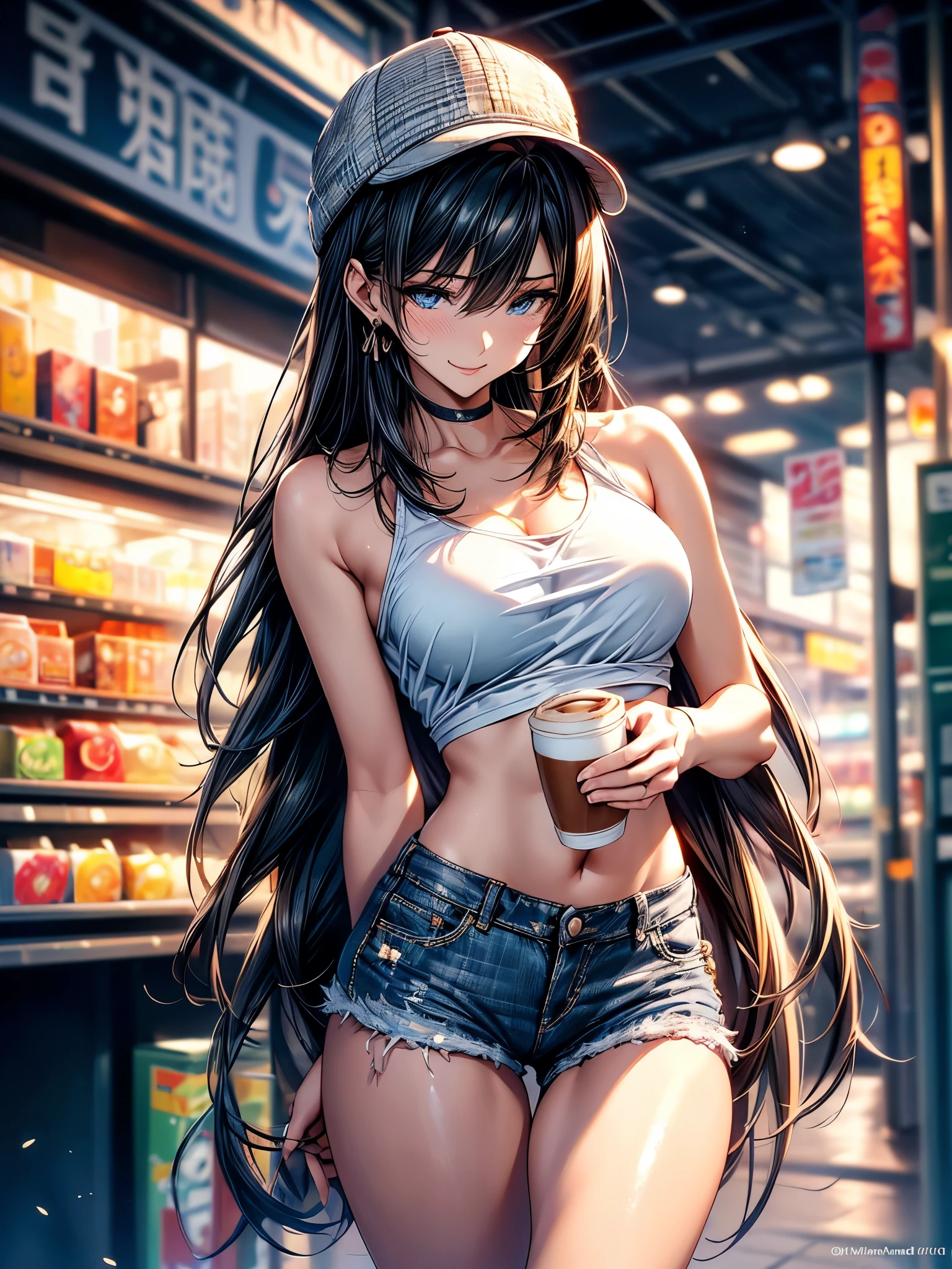 (masterpiece, best quality, Super detailed, high resolution, Extremely detailed CG, CG unity, official art, Professional lighting, Perfect anatomical structure, Anime Colors), (full-body shot/Cowboy shooting), (Front view/side view/Top view/Top view), Looking at the audience, rest 一個, 24 years old, Beautiful women, (((alone))), Medium Breast, Perfect body, Slim body, /black /White T-shirt, Bare shoulders, Bare belly, Denim shorts, /Hole, Bare legs, Hip hop hats, nail_polishing, White skin, silky skin, Black Hair, Long hair, Single ear side lock, Waterfall-like straight hair, blue eyes, long upper eyelashes, Upper Eye, beautiful eyes, (Smile), Sexy and cute, rest (Night:1.5), Tokyo, (convenience store:1.3), outdoor, Detailed background, Clear focus, Depth of Field, Bokeh, Perfect layer cutting, rest walking, Waiting for friends, (((Holding a cup of coffee )))
