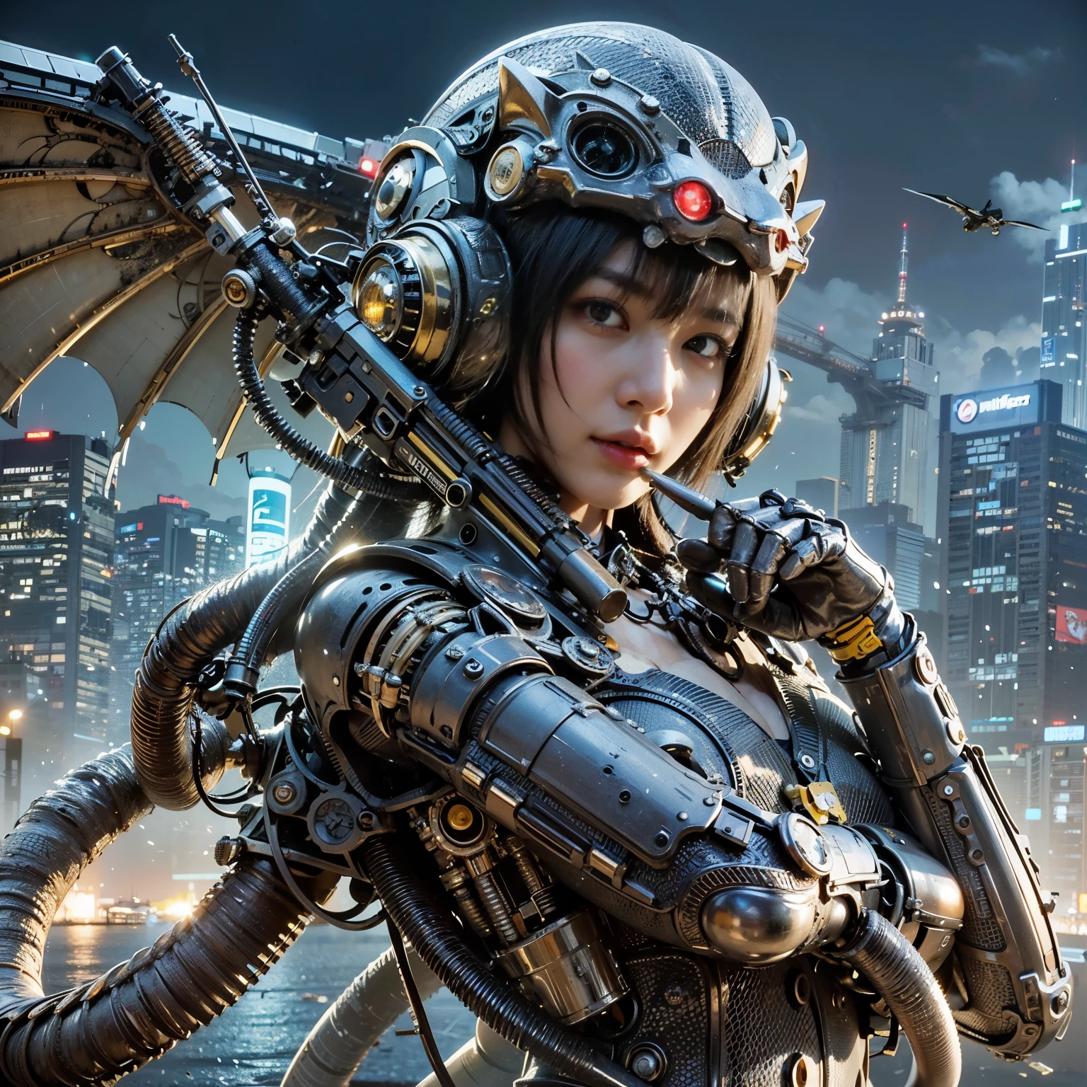 Masterpiece, (ultimate quality:1.2), 8k, Japanese woman in turtle-type powered suit, silver base with yellow and black accents, very beautiful face, mechanical, (mechanical bat wings), jet pack, hydraulic cylinder, power pipe, ultimately intricate details, full body shot, (ultimate photo Realistic:1.37), future metropolis at night, (Steampunk: 1.2), (Cyberpunk), Full body photo, Wide-angle shot,