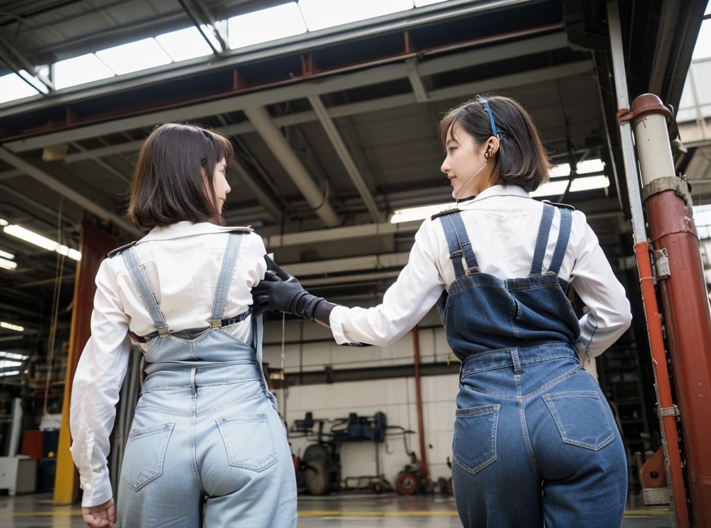 highest quality, ((Professional photos, RAW Photos)), Insanely Real, Very delicate and beautiful, Ultra-high resolution, Sex Appeal,Realistic lighting and shading, (A realistic image of a very cute female aircraft mechanic, alone), wide々Inside the aircraft hangar, A World War II-era monoplane fighter can be seen in the background......, Aircraft parts scattered on the floor, Maintenance Tools, She is in charge of aircraft maintenance...(Wearing a long-sleeved mechanic coverall with a military camouflage pattern), (Wear heavy duty mechanic gloves), (Wear a headset), Her hair will be tied up later, Very professional mechanics, Mysterious Smile, ((Very beautiful eyes and face)), (Amazingly beautiful, Natural skin texture), Accurate Eyes, Accurate needle, Overall well-balanced body, ((15-year-old girl, Back view, short hair, Cute type, slim, Round ass:1.2)), (Are standing:1.1), (From below:1.2)