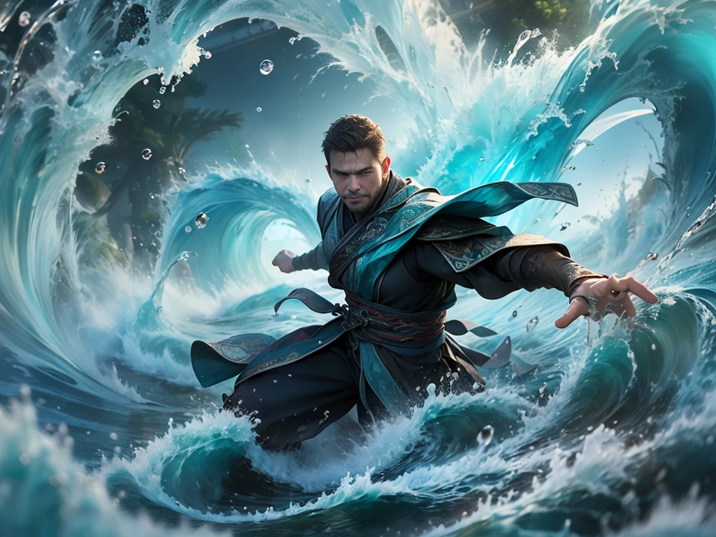 ((best quality)), ((masterpiece)), (detailed), (actual), (official art), (extremely detailed CG unity 8k wallpaper), (water magic:1.2), (Manipulating water:1.1), (Component control:1.2), (graceful movements:1.1), (aquatic beauty:1.2), (mysterious power:1.2), (Calm expression:1.1), (Flowing tides:1.2), (sparkling water droplets:1.2), (magic aura:1.1), (magic spell:1.2), (rippling waves:1.2), (magnificent water formation:1.1), (Emerging from the whirlpool of water:1.2), (Resonate with nature:1.2), (commanding the elements:1.2), (translucent veils:1.1), (Wisdom and strength:1.2), (glamor vortex:1.2), (Glow-glazed:1.1), (With the sea:1.2), (Mysterious origins:1.2), (balance:1.1), (the power of calm:1.2), (a mesmerizing spectacle:1.2), (Immerse yourself in liquid magic:1.1), (Embrace his destiny:1.2), An award-winning original photo, 1 man, solo, (41 year old)), George Pei, Chris Redfield, ((daddy)), muscular male, round face, soft smirk, tall and hunk,  best quality, masterpiece, high resolution:1.2, Dynamic Angle, volumetric lighting, (Best quality, A high resolution, Photorealistic), Cinematic lighting, Masterpiece, RAW photo, Intricate details, hdr, depth of field，brush cut，short detailed hair，fatness，double eyelid，slightly fat big breasts,(Best quality, A high resolution, Photorealistic), Cinematic lighting, Masterpiece, RAW photo, Intricate details, hdr, full body, action pose, 