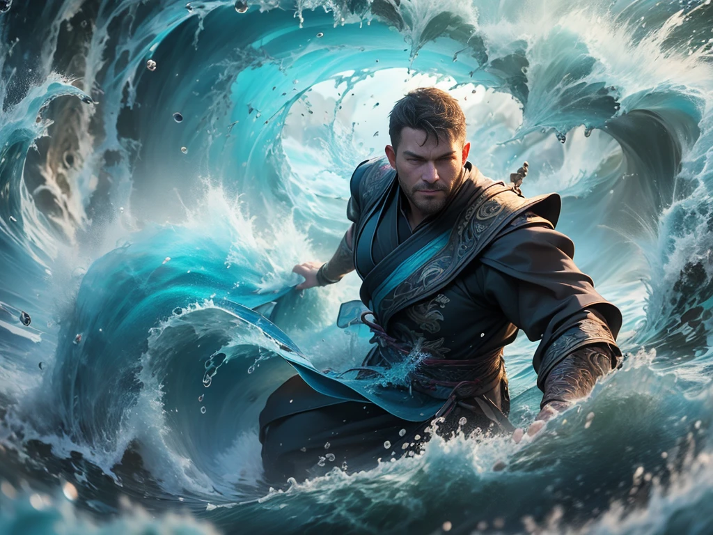 ((best quality)), ((masterpiece)), (detailed), (actual), (official art), (extremely detailed CG unity 8k wallpaper), (water magic:1.2), (Manipulating water:1.1), (Component control:1.2), (graceful movements:1.1), (aquatic beauty:1.2), (mysterious power:1.2), (Calm expression:1.1), (Flowing tides:1.2), (sparkling water droplets:1.2), (magic aura:1.1), (magic spell:1.2), (rippling waves:1.2), (magnificent water formation:1.1), (Emerging from the whirlpool of water:1.2), (Resonate with nature:1.2), (commanding the elements:1.2), (translucent veils:1.1), (Wisdom and strength:1.2), (glamor vortex:1.2), (Glow-glazed:1.1), (With the sea:1.2), (Mysterious origins:1.2), (balance:1.1), (the power of calm:1.2), (a mesmerizing spectacle:1.2), (Immerse yourself in liquid magic:1.1), (Embrace his destiny:1.2), An award-winning original photo, 1 man, solo, (41 year old)), George Pei, Chris Redfield, ((daddy)), muscular male, round face, soft smirk, tall and hunk, best quality, masterpiece, high resolution:1.2, Dynamic Angle, volumetric lighting, (Best quality, A high resolution, Photorealistic), Cinematic lighting, Masterpiece, RAW photo, Intricate details, hdr, depth of field,brush cut,short detailed hair,fatness,double eyelid,slightly fat big breasts,(Best quality, A high resolution, Photorealistic), Cinematic lighting, Masterpiece, RAW photo, Intricate details, hdr, full body, action pose,