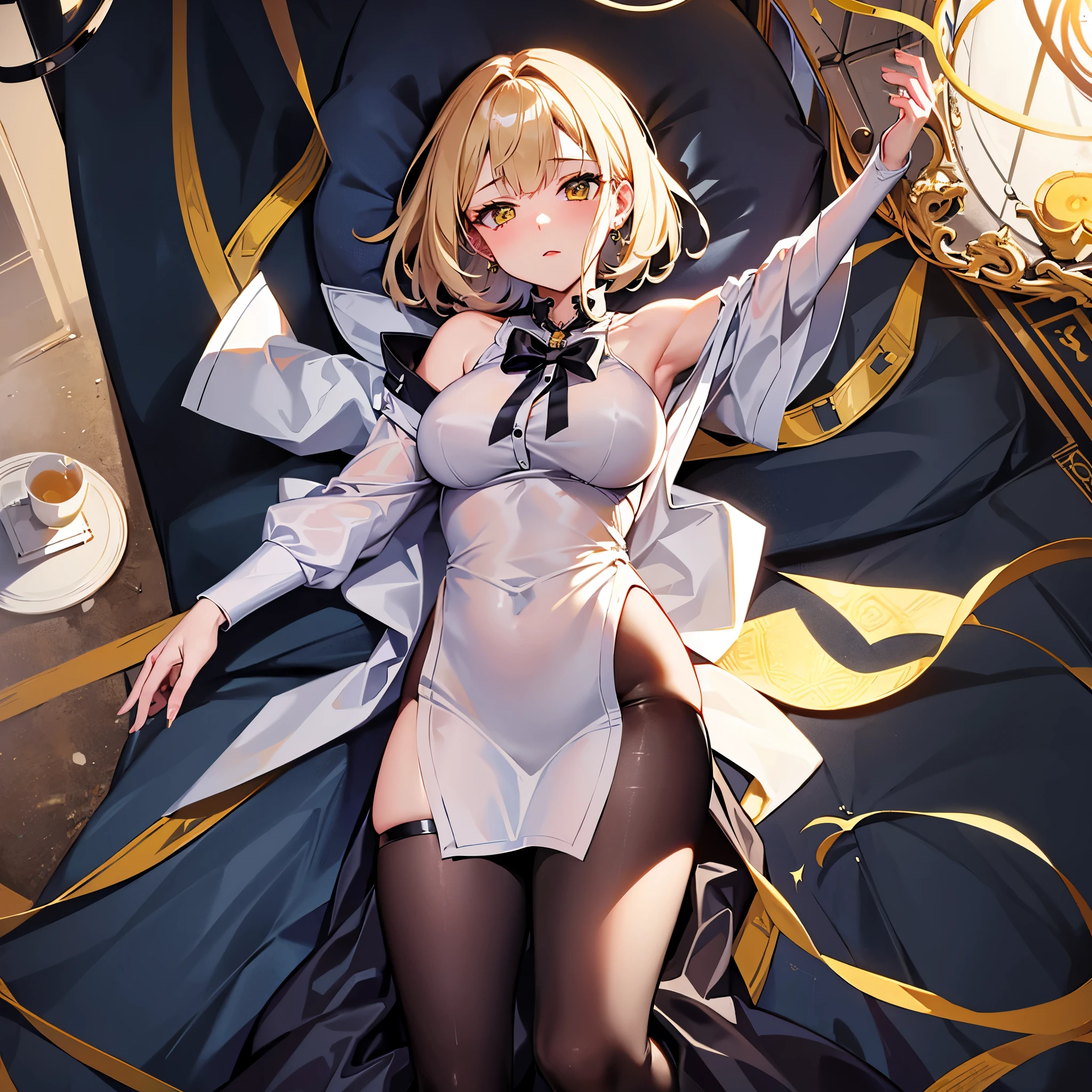 (Very detailed CG ユニティ 8k 壁紙)、(masterpiece)、(highest quality)、(Very detailed)、(Best illustrations)、(Best Shadow)、alone、One Girl、Yellow Eyes、Luxurious earrings、shirt、白shirt、black tights、evening、Lying in bed、((Point one foot towards the viewer))、short hair、Shiny skin、Shiny texture、Big Breasts