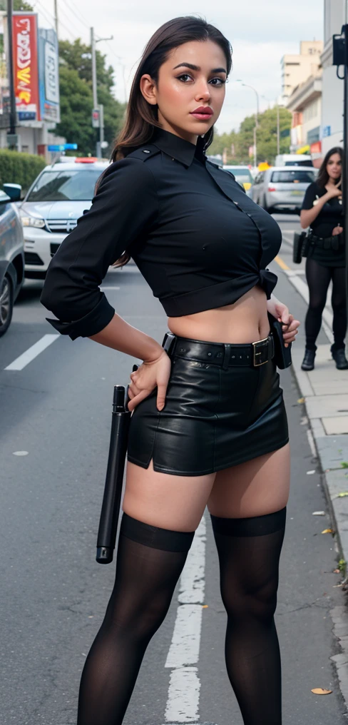 arafed woman in a police uniform black skirt with stockings,holding a gun, female spy, with pistol, security agent, gorgeous female pornstar vivian loha in outdoor Street road, with rifle, with a gun, special agent, anya from spy x family, armed and dangerous, shot from the side, Vivian loha pornstar as a cop, carrying a gun, in an action pose, officer, female investigator, Vivian loha pornstar, completely safe for work image,sfw, whole body capture, full shot, sexy legs under black stockings,