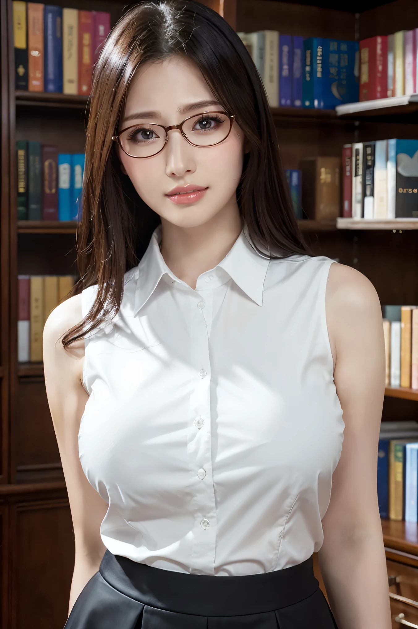 (highest quality、Tabletop、8k、Award-winning works、Ultra-high resolution、Best image quality)、One beautiful woman、(White polyester sleeveless buttoned collared blouse:1.3)、(Elegant black tight skirt:1.1)、(Huge breasts:1.2)、(Elegant round glasses:1.2)、library、(Standing Elegantly:1.1)、(Strongly blurred background:1.1)、Stand next to a bookshelf、(Perfectly organized bookshelf:1.1)、Bookshelf in the background、居心地の良いlibrary、lipstick、Long eyelashes、Heavy makeup、Perfect Makeup、Colored contact lenses、Accentuate your body lines、Big ample breasts、Soft and warm lighting、Detailed bookshelf、(Ultra-high resolutionの正確な美しい髪:1.1)、(Accurate anatomy:1.2)、Ultra-high definition beautiful eyes、(Super bright and radiant skin:1.1)、(Looking at me with a sad expression:1.1)